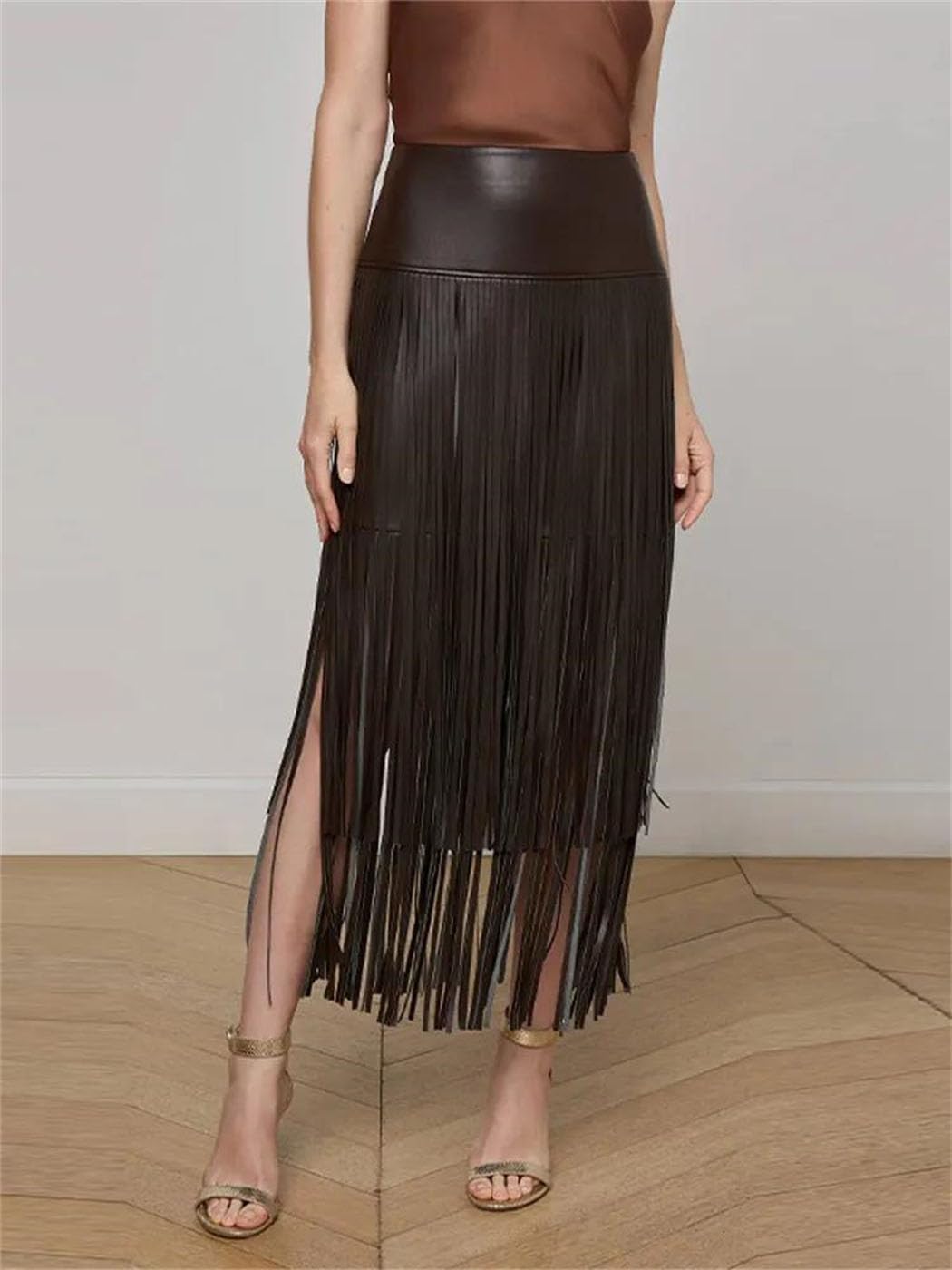Women's Fashion Long Tassel Fringe PU Leather Skirt Adjustable Belt Bohemian Style Summer Statement