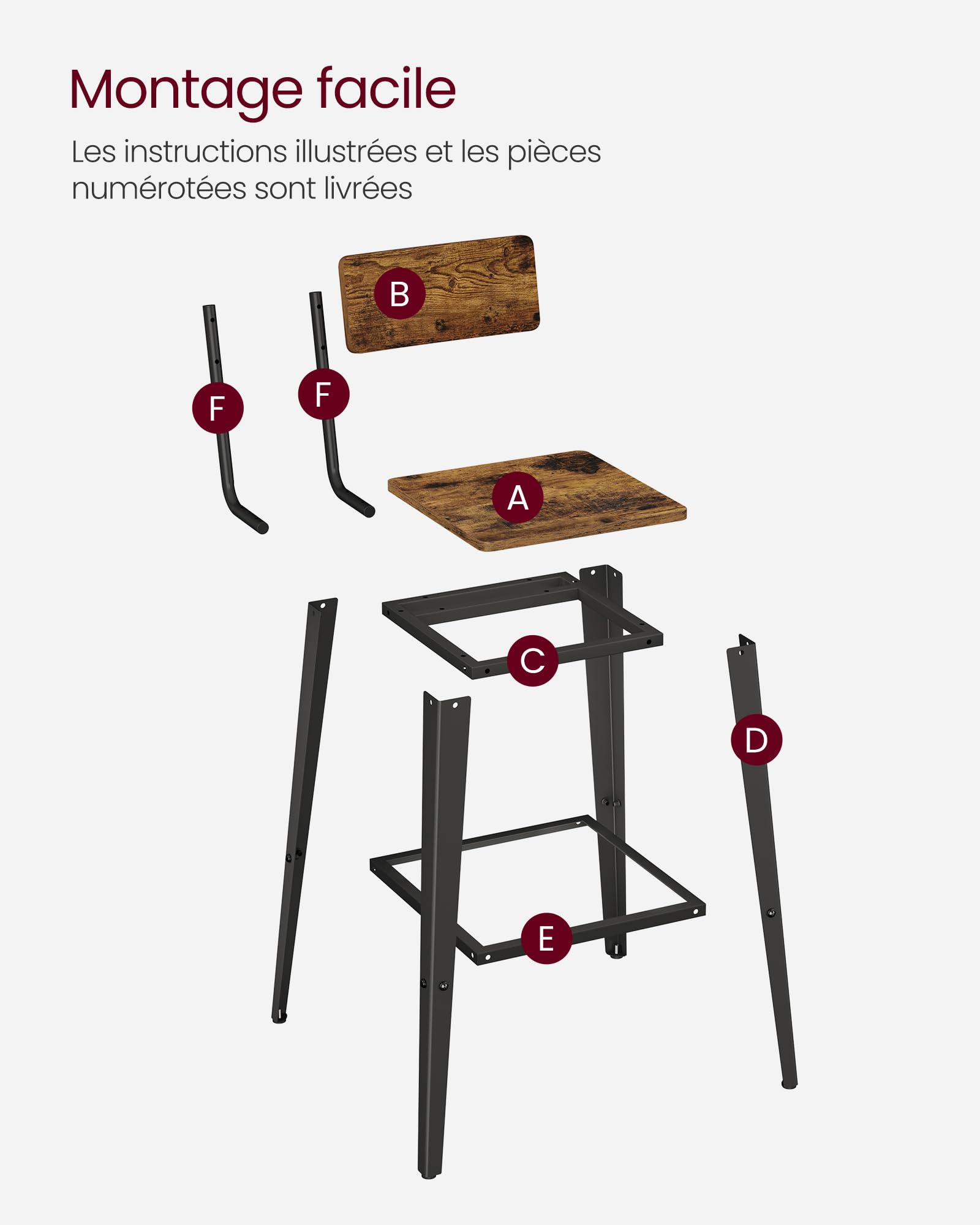 VASAGLE Tabouret Bar Industriel, Lot de 2, Chaise Bar Cuisine, avec Dossier, Cadre en Acier, Montage Facile, Style Industriel, Marron Rustique et Noir d'encre LBC078B01