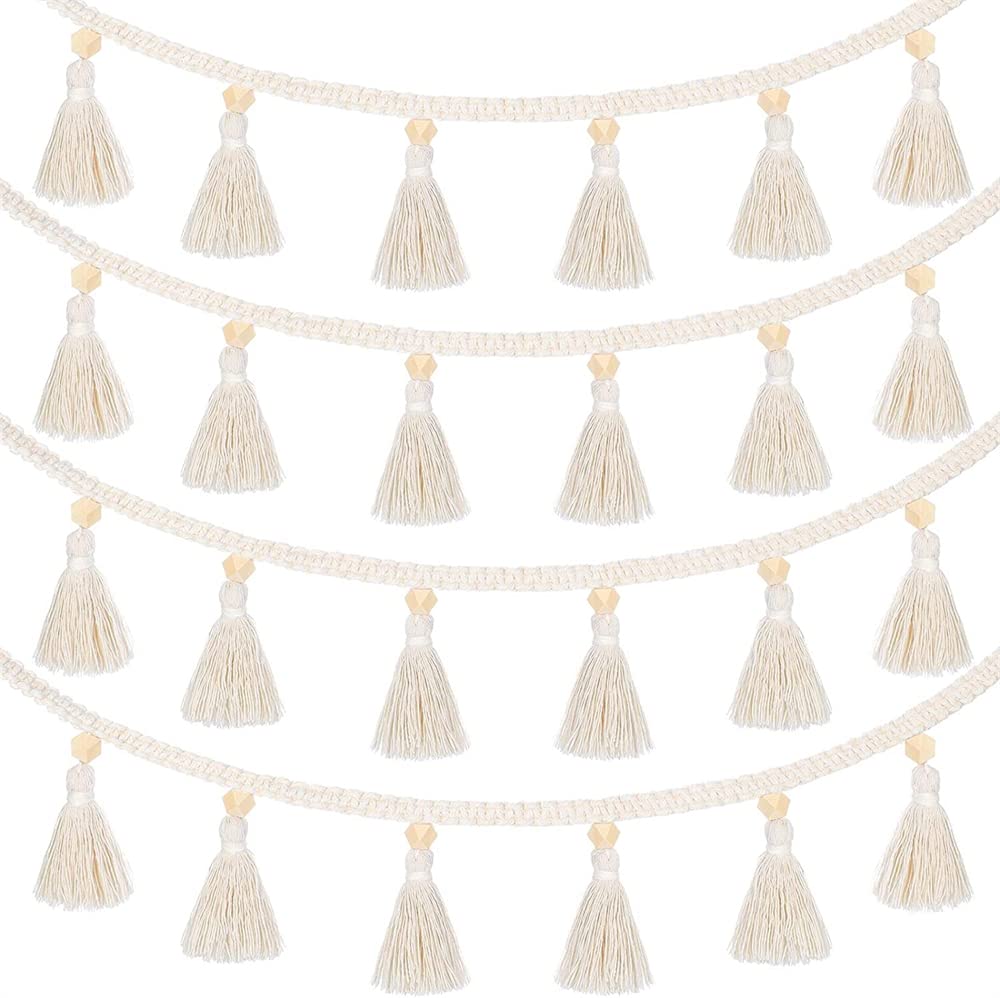 SYOSI 4 Pcs Macrame Woven Tassel Garland, Hanging Tassel Fringe Garland Banner Basket Decorative Wall Hangings for Boho Home Decor Nursery Room, Rustic Country Decor (37.4 Inch, Natural Color)