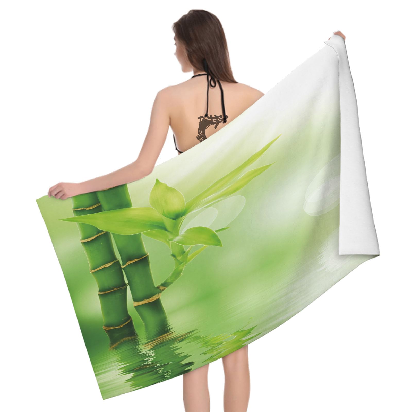 Leichong 3D Bamboo Beach Towel Large Microfiber Soft Quick Dry for Adults, Green Leaves Bath Towel Lightweight Soft Absorbent for Travel Swimming Pool Sports, 80 x 160 cm