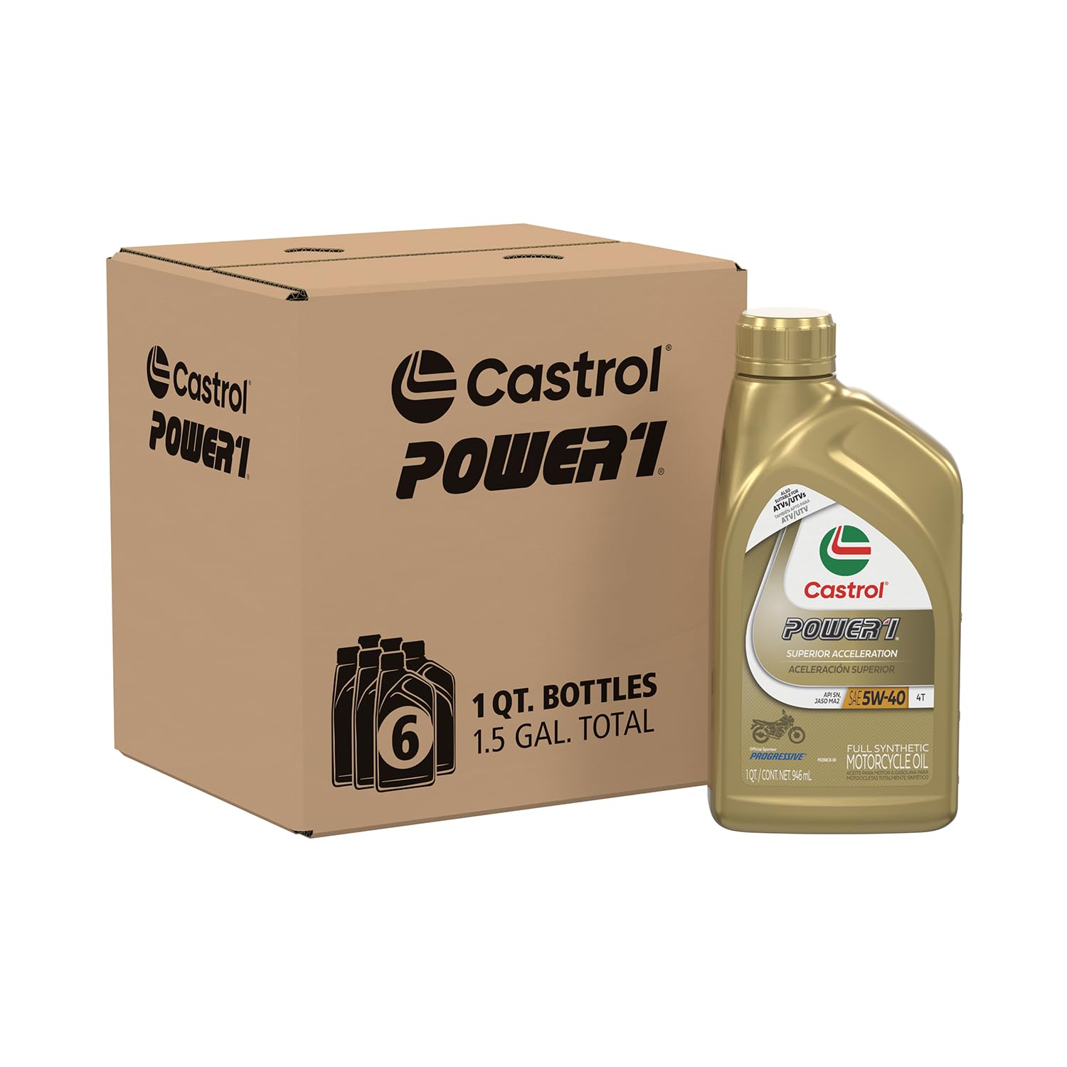 Castrol Power1 4T 5W-40 Full Synthetic Motorcycle Oil, 1 Quart, Pack of 6