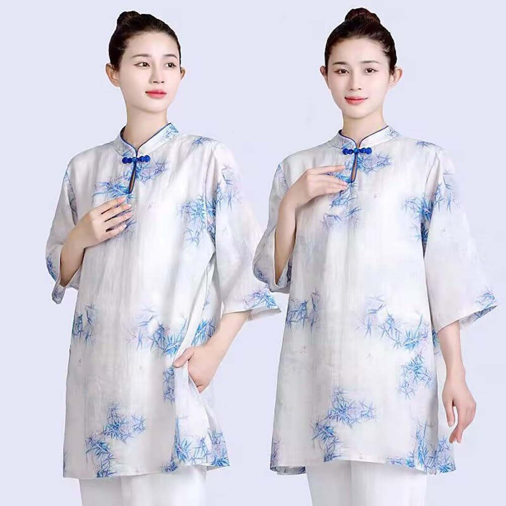 Artistical Cotton Mid-Length Hanfu Shirt for Women, Side Slit Loose Tang Suit Top Kung-fu Tai-chi Blouse