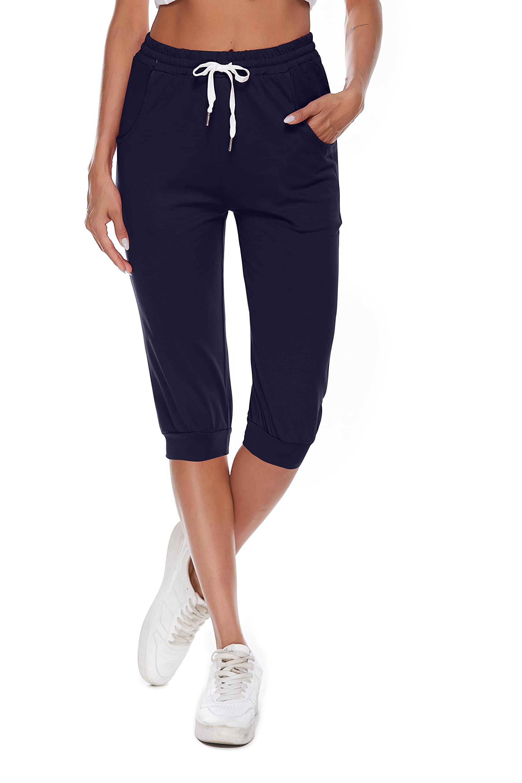 Pantacourt Femme Sport 3/4 Pantalon de Jogging Coton Léger Capri Pantalon Survêtement Yoga Gym Running Pantalons avec Poches