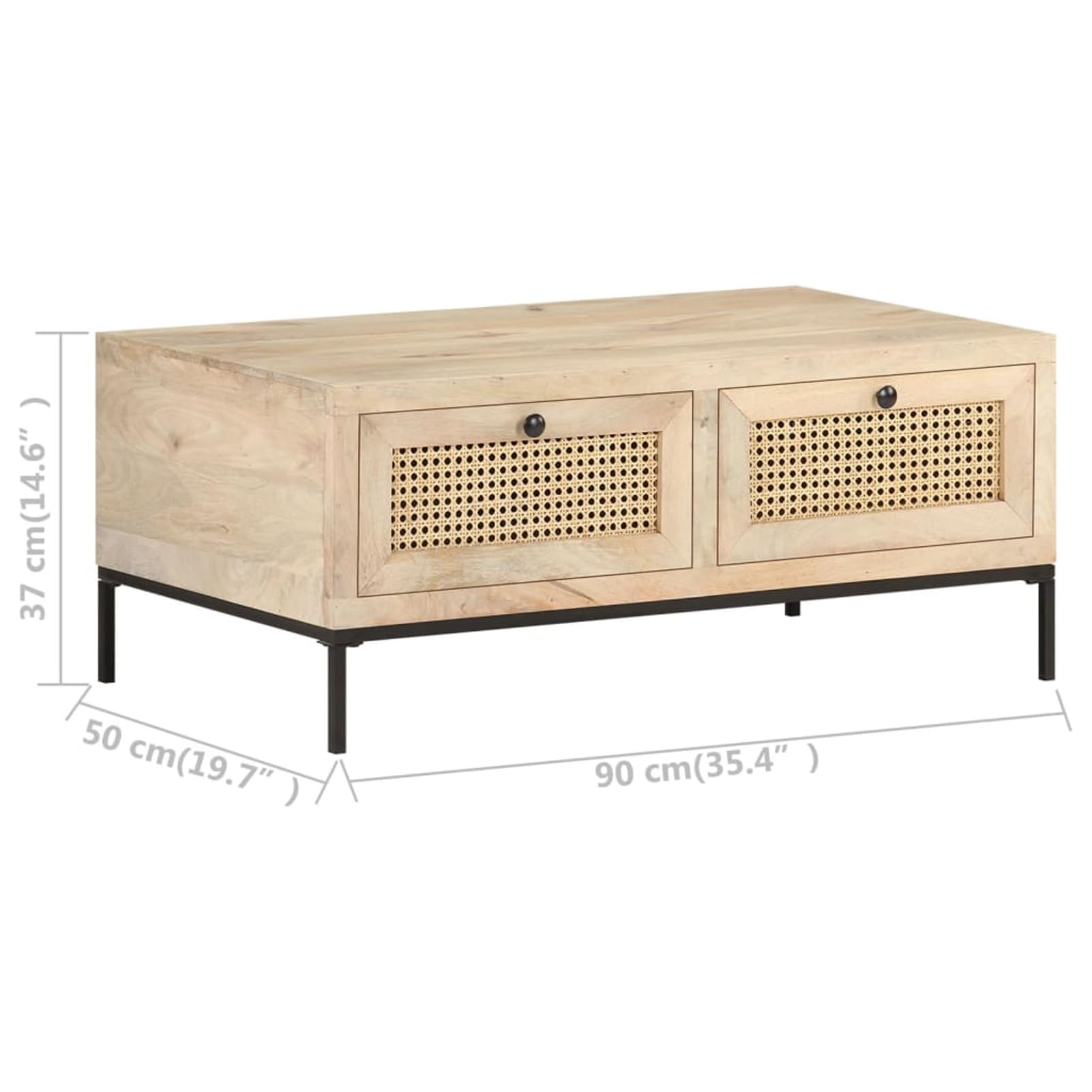Homgoday Table basse 90 x 50 x 37 cm en bois de manguier massif et canne naturelle, table d'appoint pour salon, salle de réception d'invités, chambre à coucher et mobilier de bureau