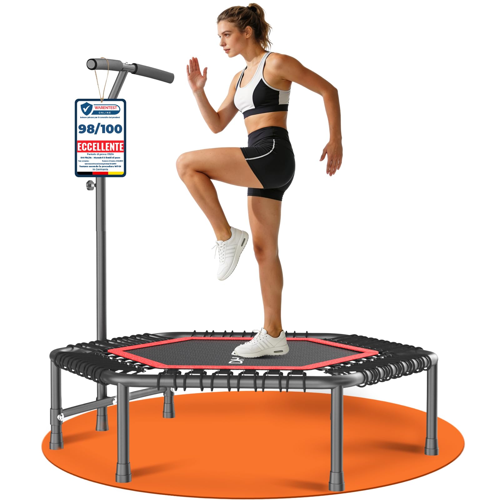 DH FitLife Fitness Trampolino Indoor | Ø 114 cm 45 Pollici Mini Trampolino per Cross Jumping | Portata 150 KG | Manico Regolabile a 3 Livelli | Stabile e Resistente