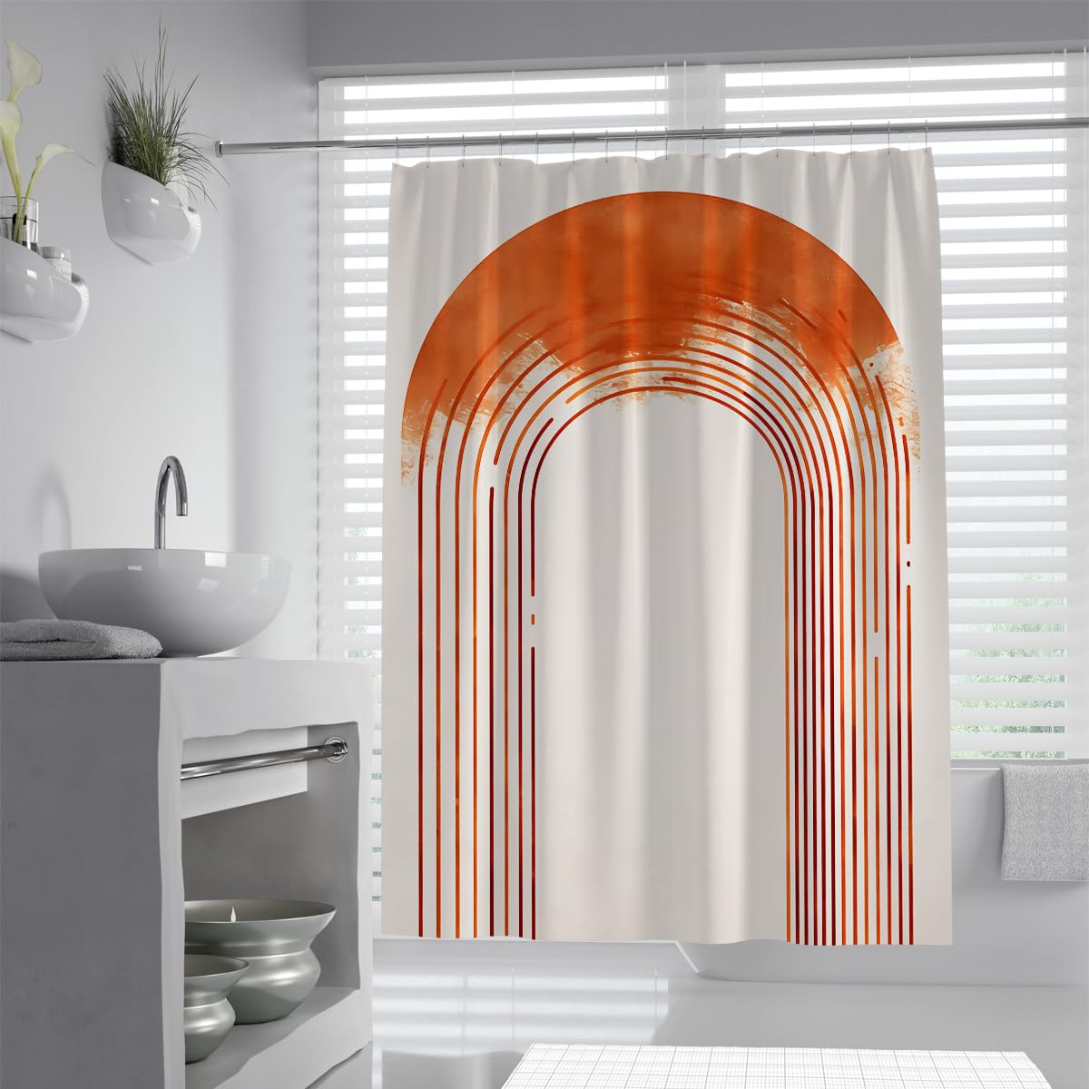 Uiringart Shower Curtains Orange Terracotta Geometric Rainbow W180xl200cm Abstract Minimalist Anti Mould Waterproof Bath Tub Curtain Decor With Hook