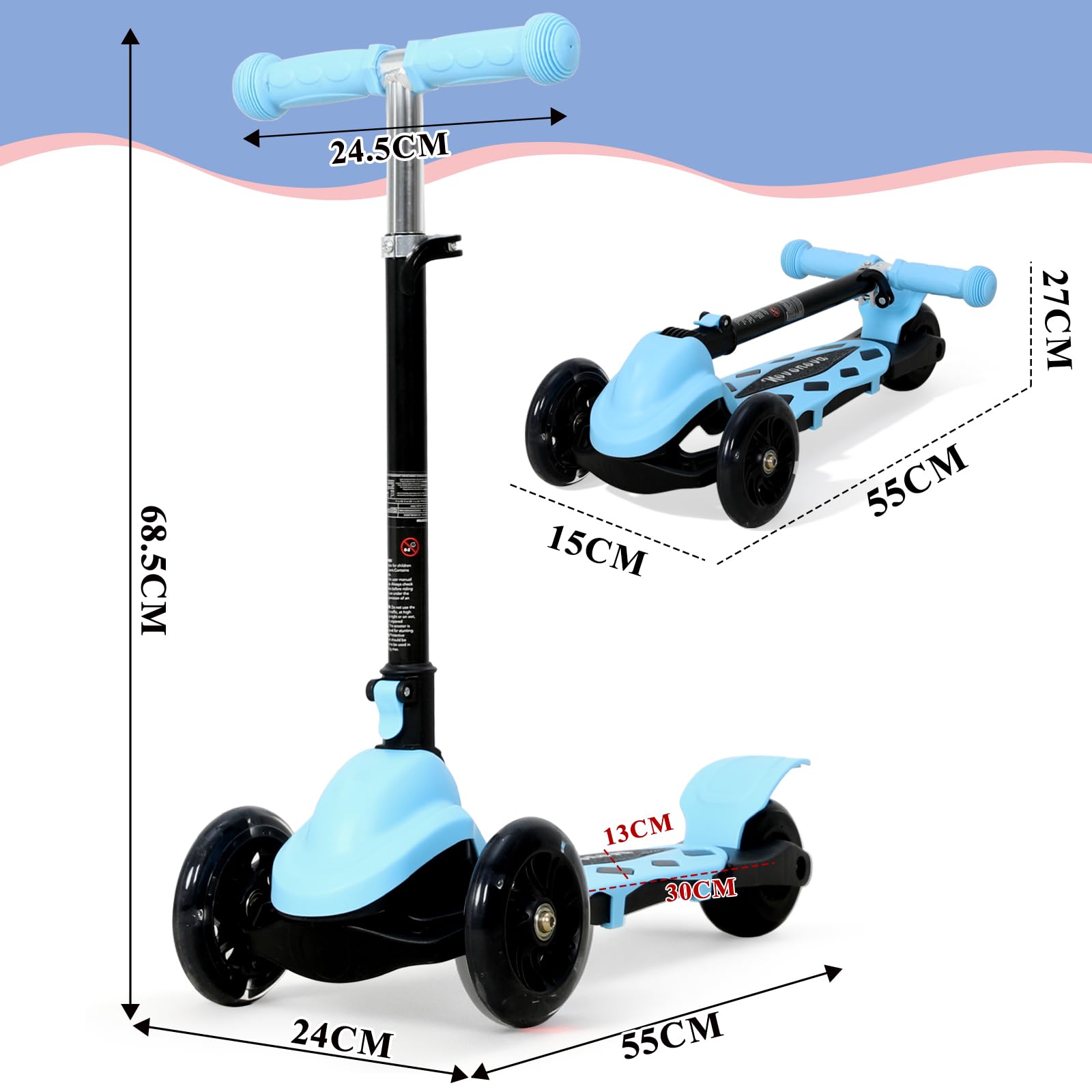 Trottinette Enfant Pliable Classique 3 Roues Antidérapant, Trotinette Enfant 2-5 Ans Guidon Réglable en Hauteur 3 Niveaux(57-72CM), Trottinette Adolescent Roue Lumineuse LED, Enfant 80~120 CM