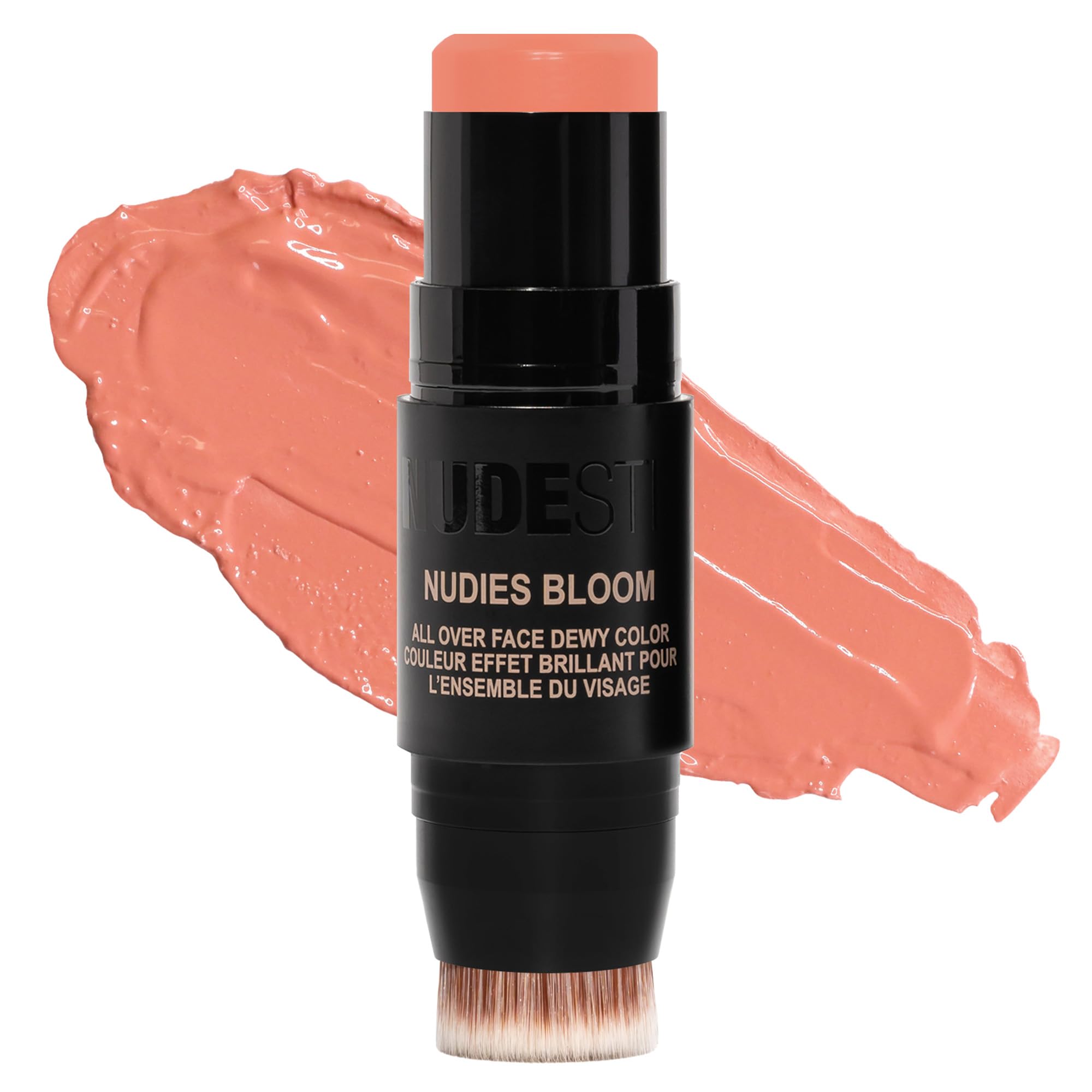 Nudestix Nudies Bloom All Over Dewy Color – 3-in-1 Cream Blush Stick for Cheeks, Eyes & Lips with Built-In Brush | Sheer, Glossy Finish | Vegan, Long-Wear, Multi-Use Makeup (Sweet Peach Peony)