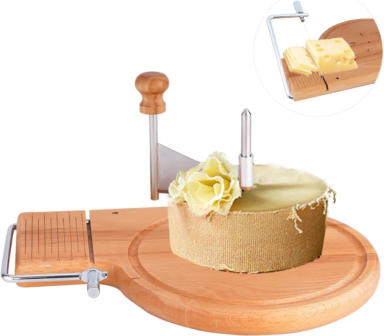 Cortador de Queso, Cortador Queso Horizontal con Tabla de Madera Redonda se Puede Utilizar para Cortar Queso Mantequilla y Foie Gras etc