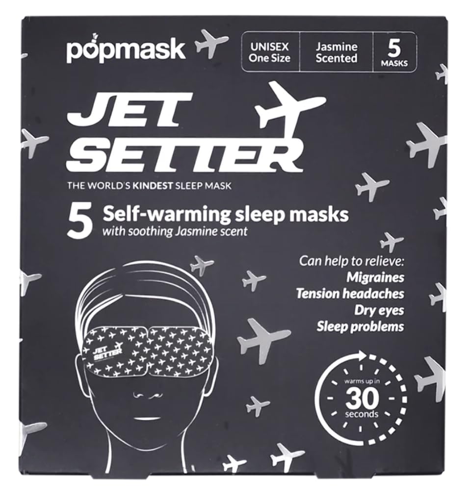 POPBAND Popmask Jet Setter Self-Heating Eye Mask, Jasmin Scent, Natural Heat Relief for Migraines, Headaches, Allergies, and Dry Eyes, 5 Individually Packaged Eye Masks