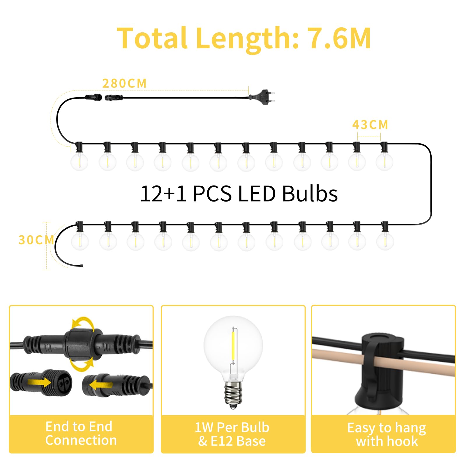 Yuusei 7.6M Catene Luminose Esterno con Telecomando, 12+1 Plastica Impermeabile Lampadine with IP45, Warmweiß 2500K Esterni Catene Luminose per Terrazzo Festa Natale Matrimonio