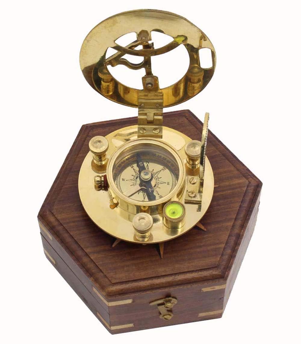 Brass Compass Nautical Compass Antique Solid Brass Compass Antique Look Solid Brass Sundial Compass Directional Magnetic Compass for Navigation/Sundial Compass W/Wooden Box-image-0