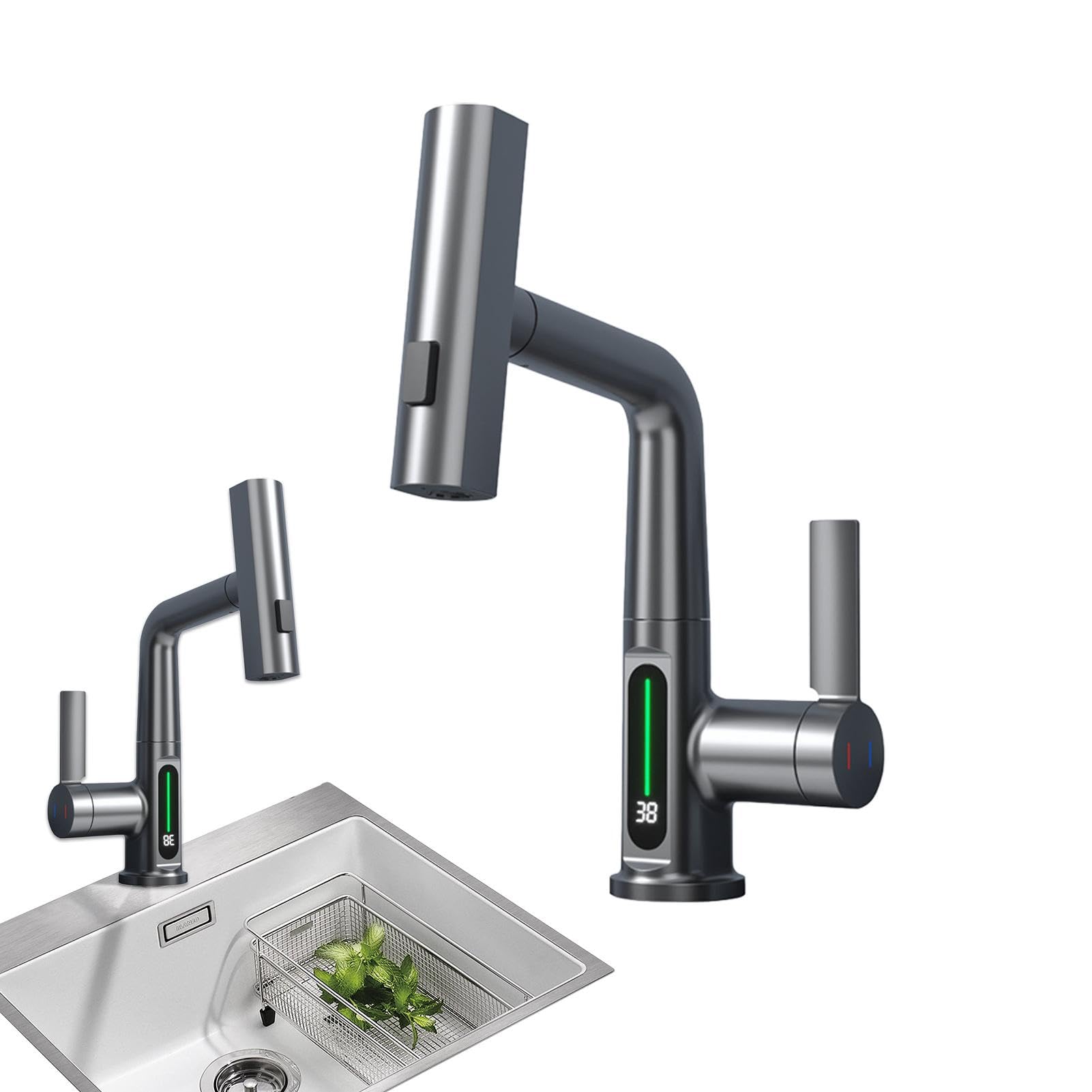 Robinet extractible pour évier réglable en température avec affichage numérique de l'eau