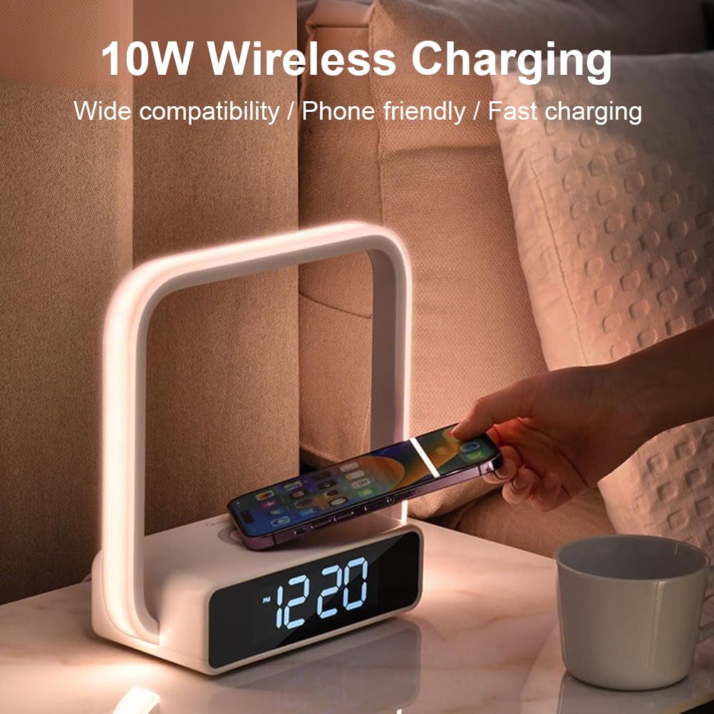 Nachttischlampe Tischlampe mit 10W Kabelloser Ladefunktion RGB Farben Stimmungslicht LED Lichtwecker Touch Dimmbar mit 3 Helligkeitsstufen Nachtlicht Wecker mit Licht für Kinderzimmer Schlafzimmer