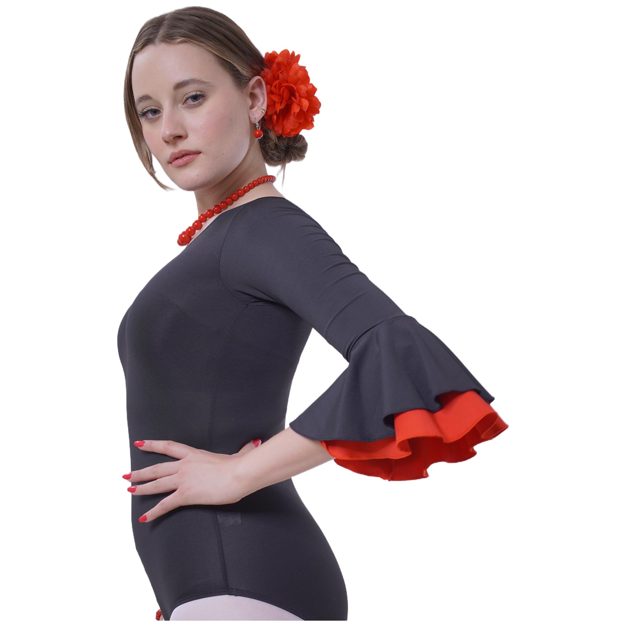 Carnavalife Body flamenco mujer negro maillot danza manga larga con volante, leotardo gimnasia ballet sevillanas, escote redondo, ribete rojo