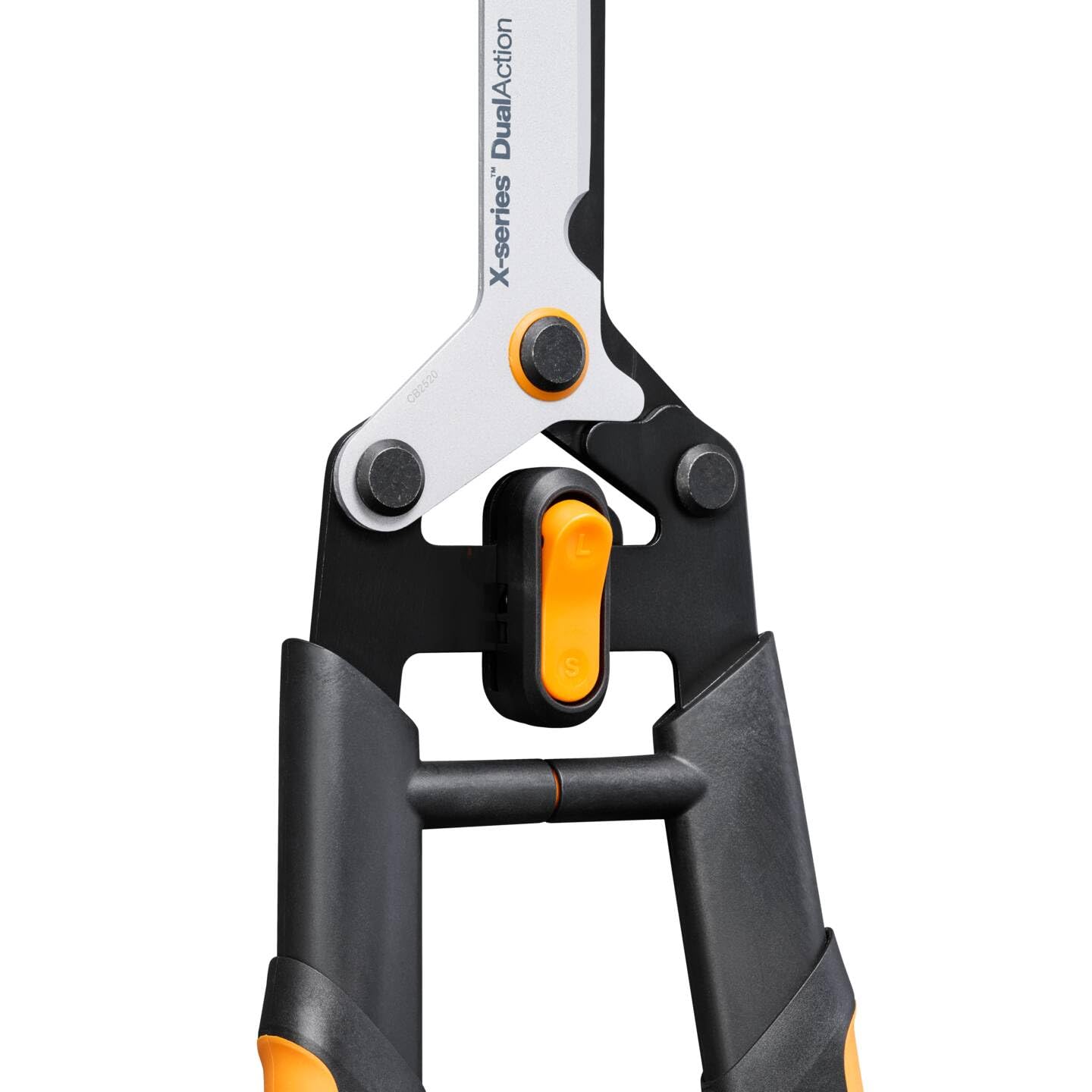 Fiskars X-series DualAction Tijeras cortasetos HSX96, Modo 2en1 para cortes rápidos o potentes, Cuchillas de acero con revestimiento antiadherente/Mangos FiberComp, Negro/Naranja, 1080134