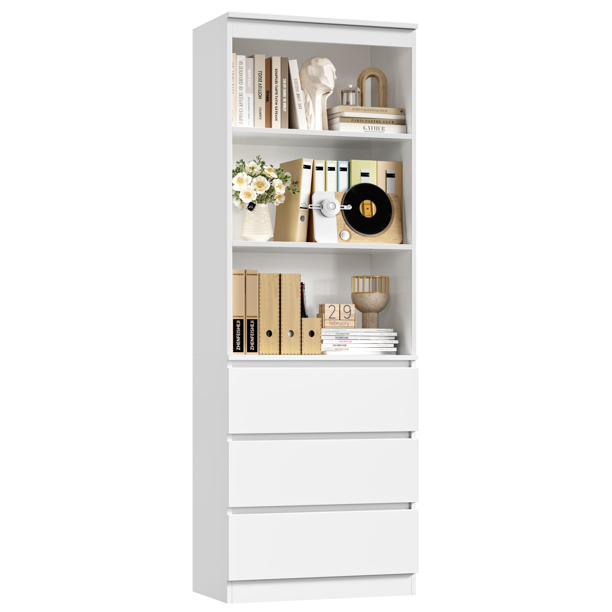 FirFurd Scaffale Libreria con 3 Scomparti Aperti e Cassetto,Scaffale per Libri,Mobiletto Armadietto Mobile in Legno,Mobile Alto Salvaspazio,per Soggiorno, Camera Letto, Studio 60x35x180cm (Bianco)