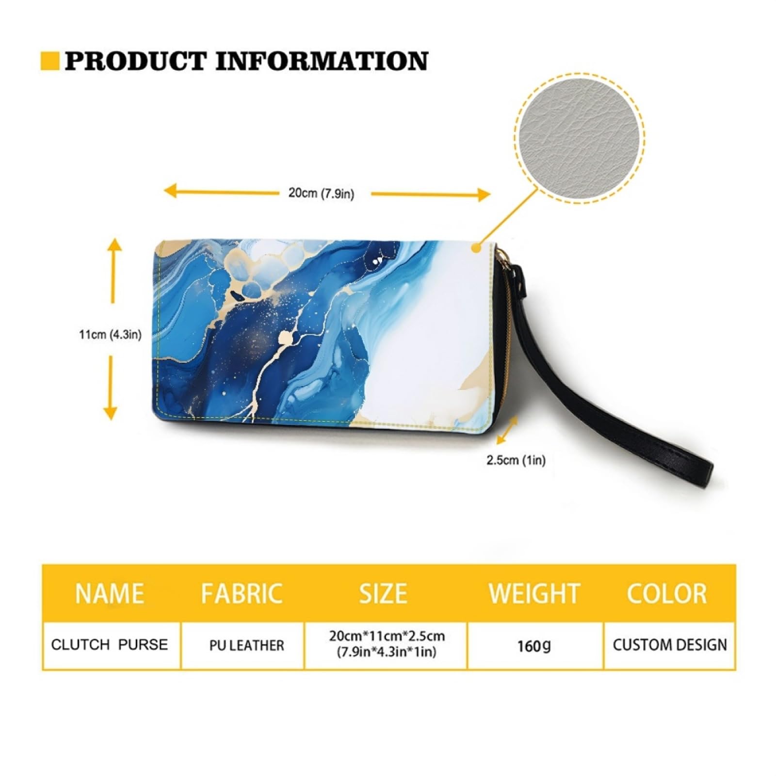 Portafoglio Donna Portamonete Porta Carte di Credito Donna Uomo Wallet | Portafogli con Zip e Cinturino da Polso Leggero Durabile Portatile,Impermeabile Cuoio,Marmo Blu 11x20cm/2 Unità