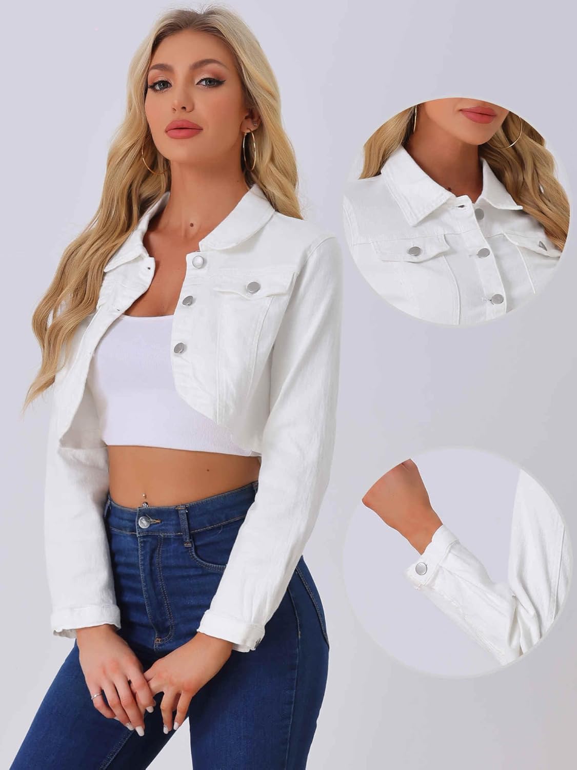 Allegra K Denim Jacket for Women's 2025 Casual Collared Long Sleeve Crop Jean Jackets - Image 2