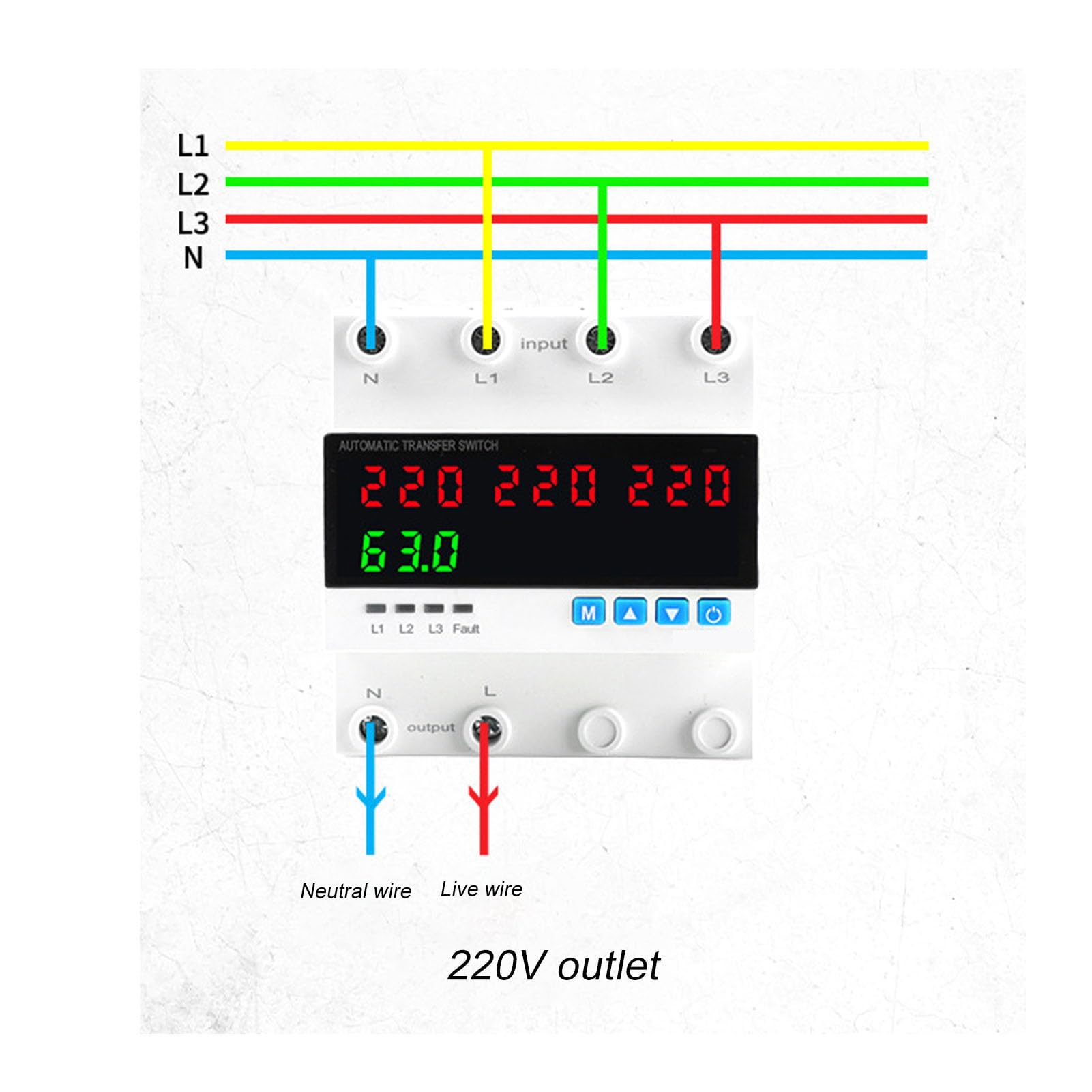 Automatischer Übertragungsschalter, 63A 4P 3PH Überstromüberspannung Unterspannung Beschützer ATS Einstellbarer LED -LED -Anzeige für Generatorwechselrichter