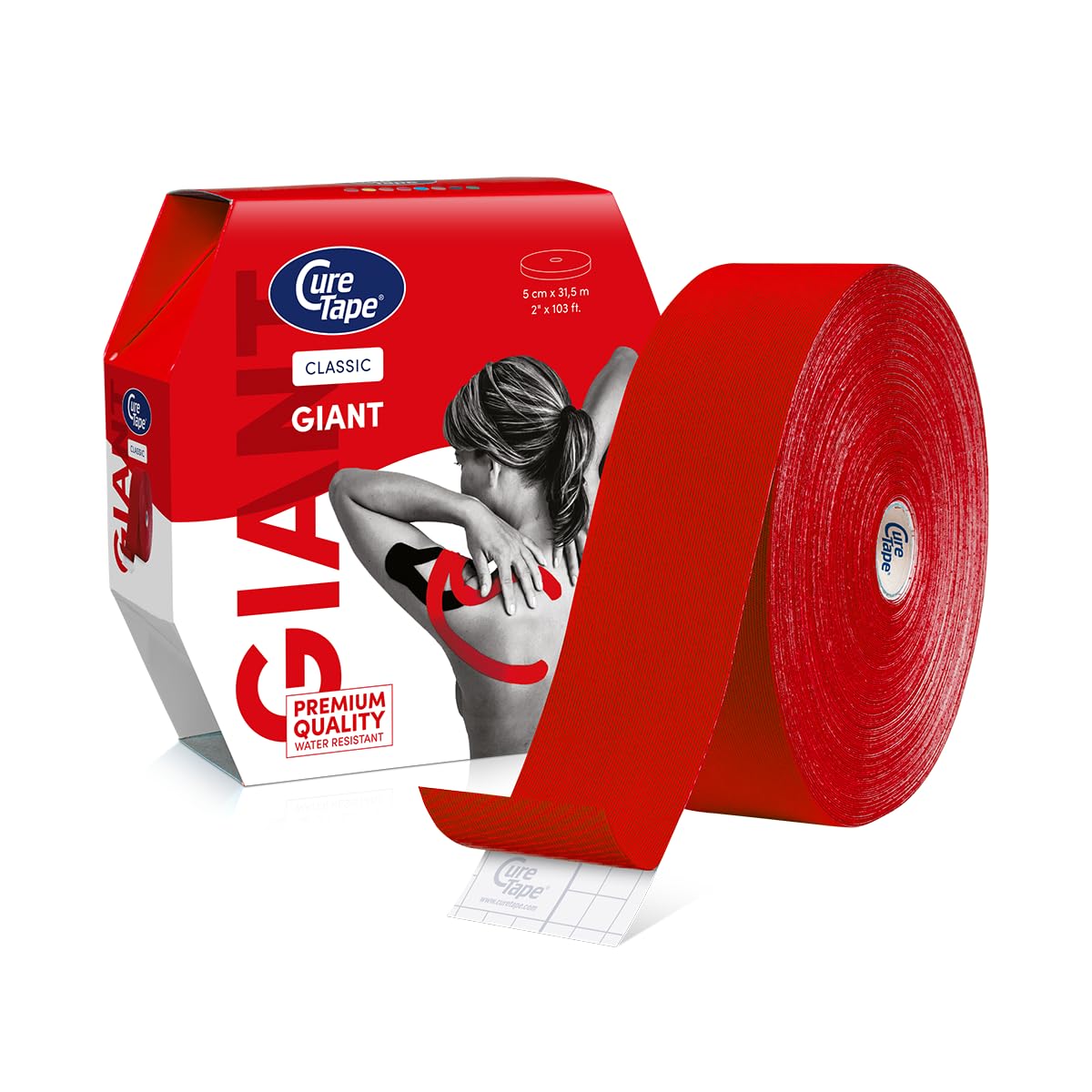 CureTape Classic Giant:Rollo Extra Grande de Cinta Kinesiológica | 5cm x 31.5m | Cinta Hipoalergénica| Vendaje para Alivio del Dolor, Soporte Muscular y Articular | Gran Adhesión | Rojo