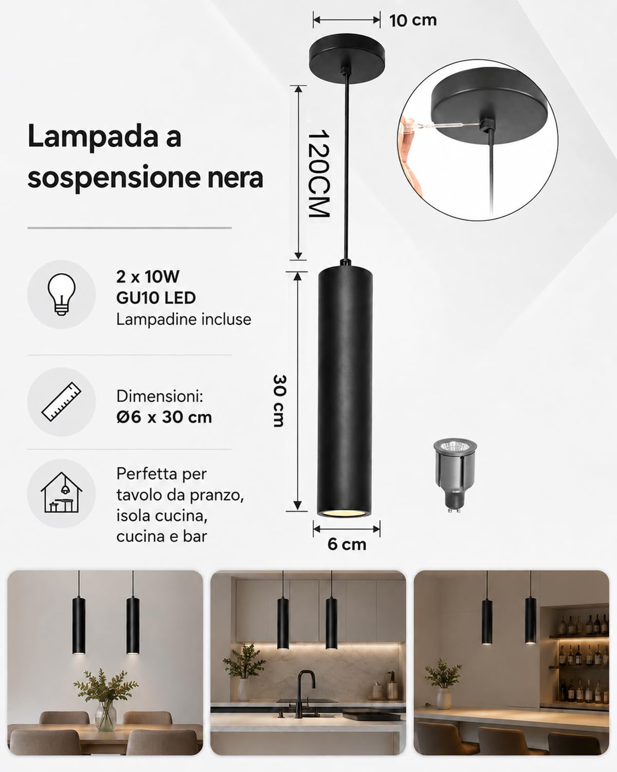 ACMHNC Lampada a Sospensione GU10, Lampada a Sospensione Nero Moderno per Cucina Camera da Letto Comodino, 10W Lampadario Cilindro Regolabile in Altezza 120cm, 3000/4000/6000K, 6x30 cm