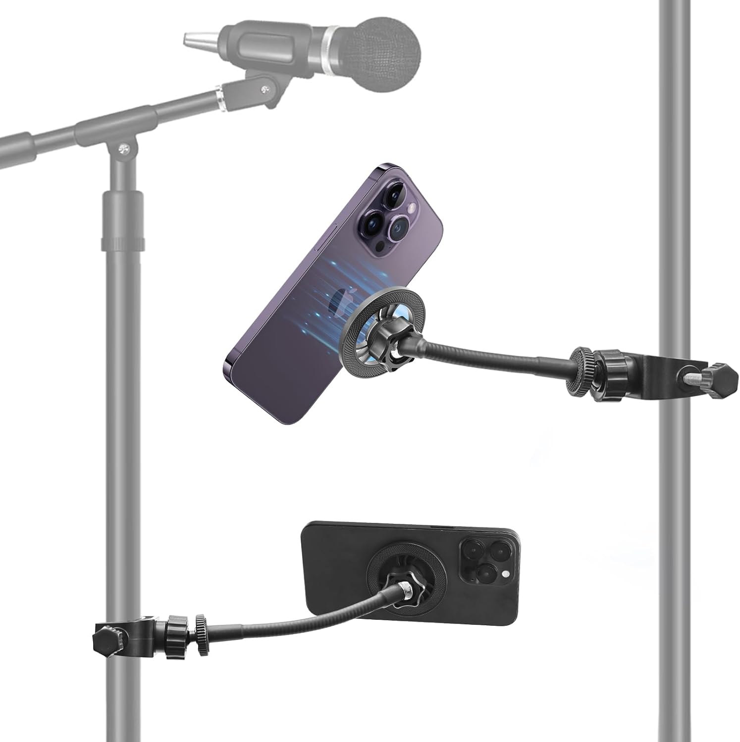 Magnetic Mic Stand Phone Holder, [Stable Metal Gooseneck] Adjustable Phone Holder for Mic Stand, for Microphone Stand Compatible with iPhone 16/15/14/13 Series and all Cell Phones