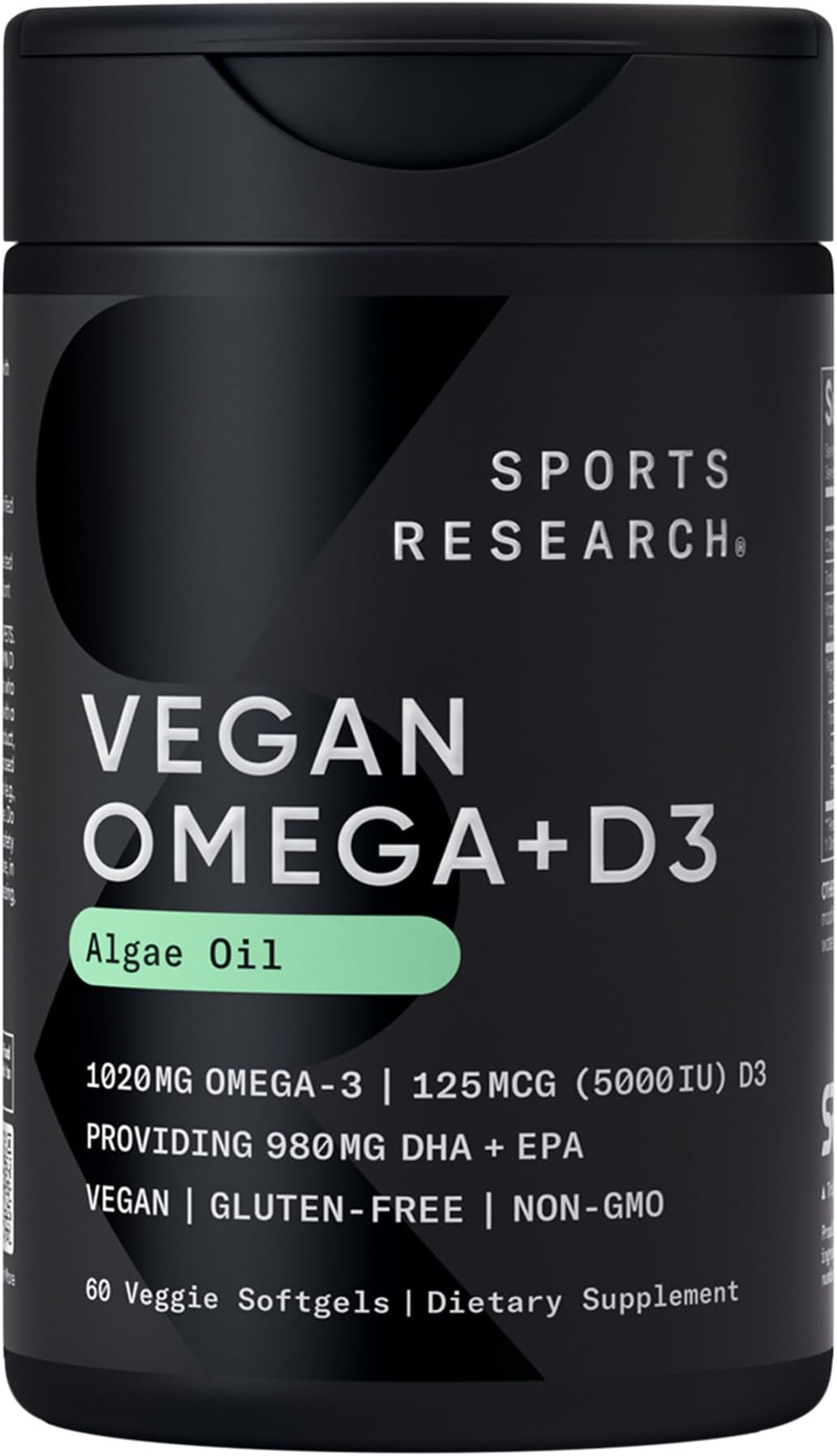 Sports ResearchVegan Omega-3 with Vitamin D3 Softgels - 630mg EPA+DHA & 125mcg D3 Supplement - Fish Oil Alternative w/Vitamin D - Plant-Based Support from Algae Oil - 60 Veggie Capsules for Adults