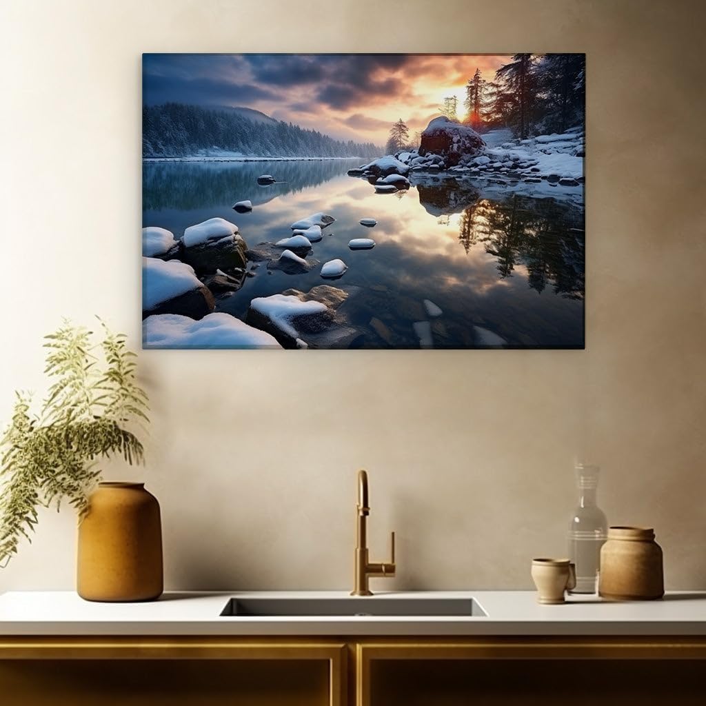 Canvas for Living Room. Winter Serenity in a Snapshot � A Cozy Lakeside Retreat Amidst Snowy Whispers, 27 x 18 inch Canvas Wall Art - Contemporary Masterpieces - Modern Home Decor