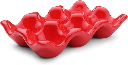 Miniatura 9 de Flexzion Bandeja de cerámica para 6 tazas, media docena de huevos de porcelana, contenedor organizador de almacenamiento decorativo para servir