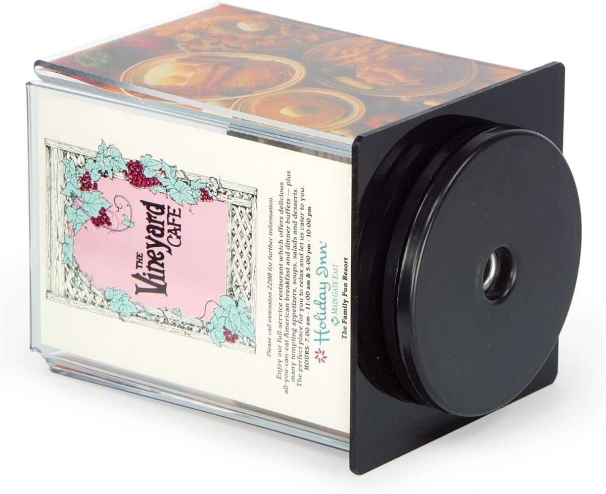 Case of 12, Table Sign Holder 4”w x 6”h x 4”d Clear Acrylic with Black Base Plastic Countertop Frame for Four 4”w x 6”h Images – Four Sided Signage Display Comes with a Turntable Base