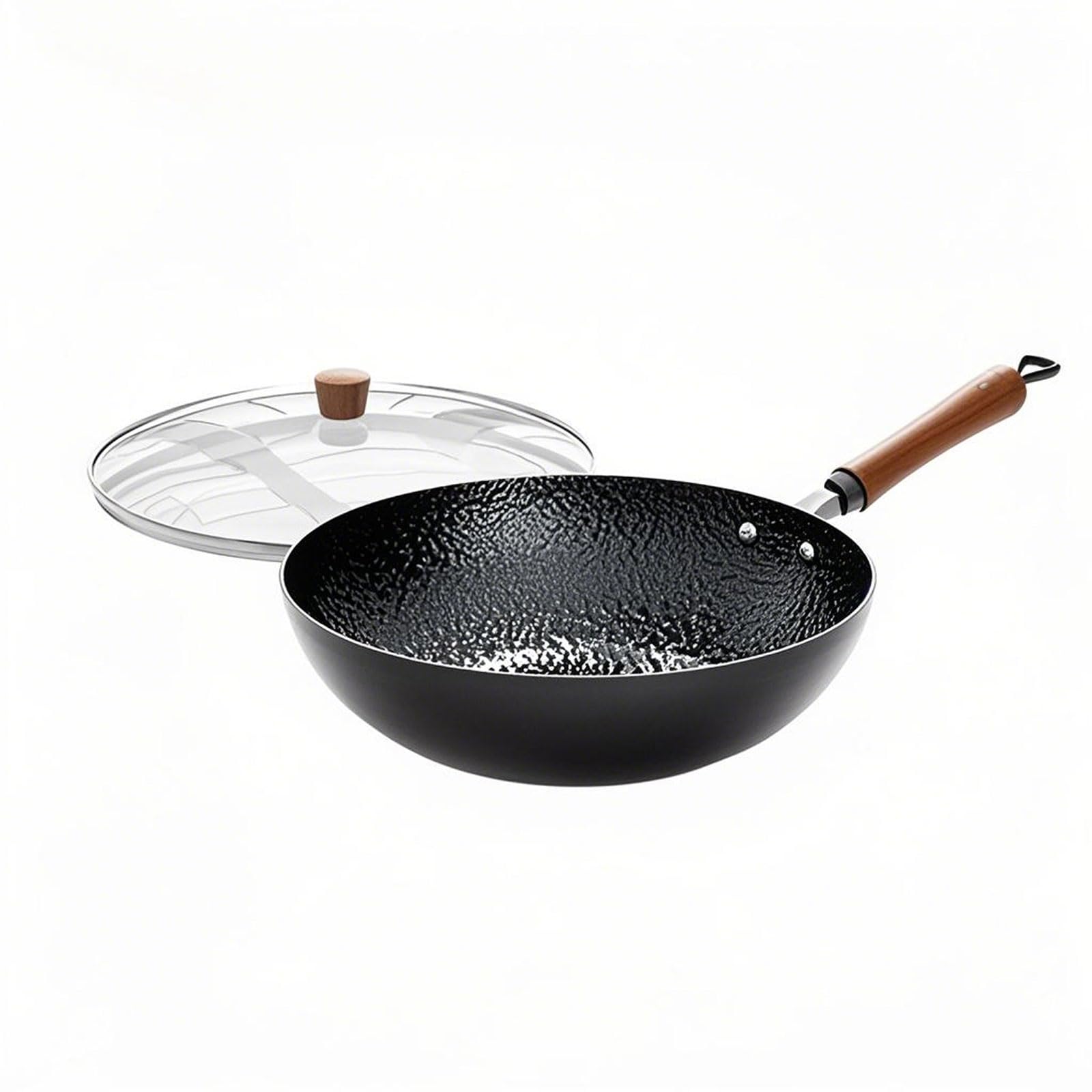 Wok en acier au carbone de 13,5 pouces avec couvercle en verre et poignée bois
