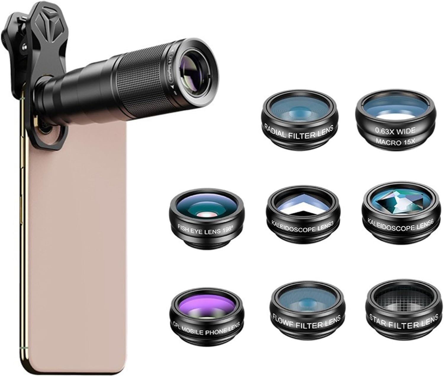 Set di 10 obiettivi per telefono cellulare, Macro, obiettivo universale per fotocamera del telefono, teleobiettivo 22X, macro 15X, grandangolo 0,63x, obiettivo fisheye 198°, Obiettivo per