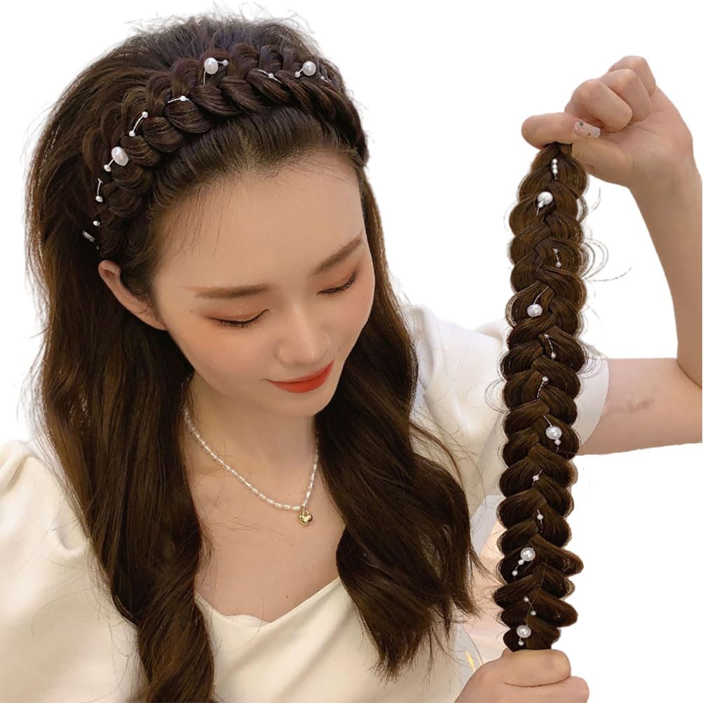 ADASTE Synthetic Hair Braided Headband with Classic Pearls, Plaited Fluffy Braids, Stretchy Wig Band for Women and Girls (Brown)