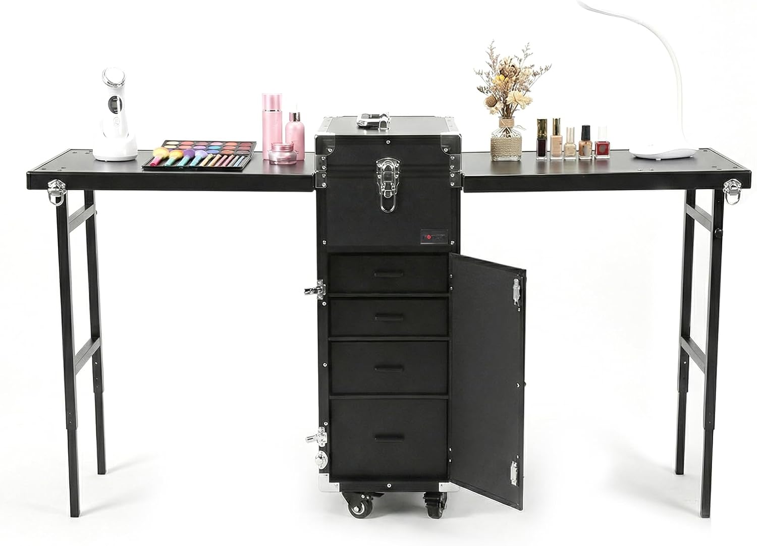 Foldable Rolling Manicure Table with Wheel & Drawers Lockable Makeup Train Case Large Capacity Rolling Nail Technician Workstation for Manicurist Cosmetologist Beautician (03)