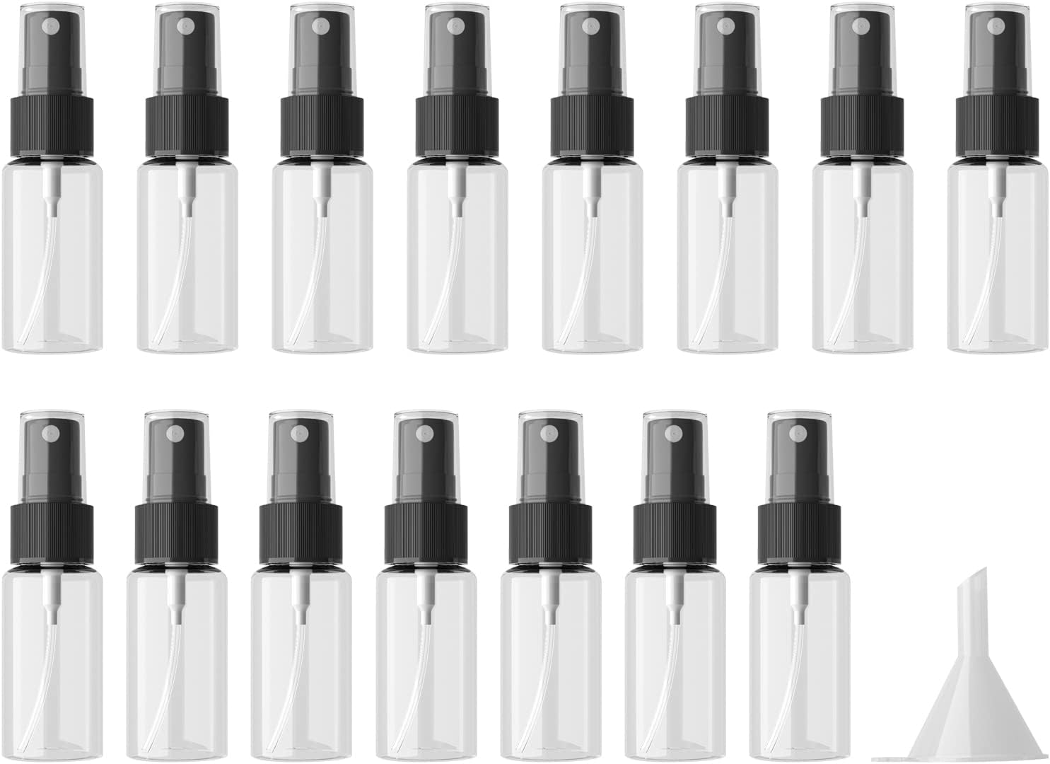 longway 15 PCS Spray Bottles, 0.5oz/15ml Transparent Empty Fine Mist Spray Bottle Dispenser with Cap, Small Refillable Liquid Containers with 1pcs Funnel and 18pcs Labels