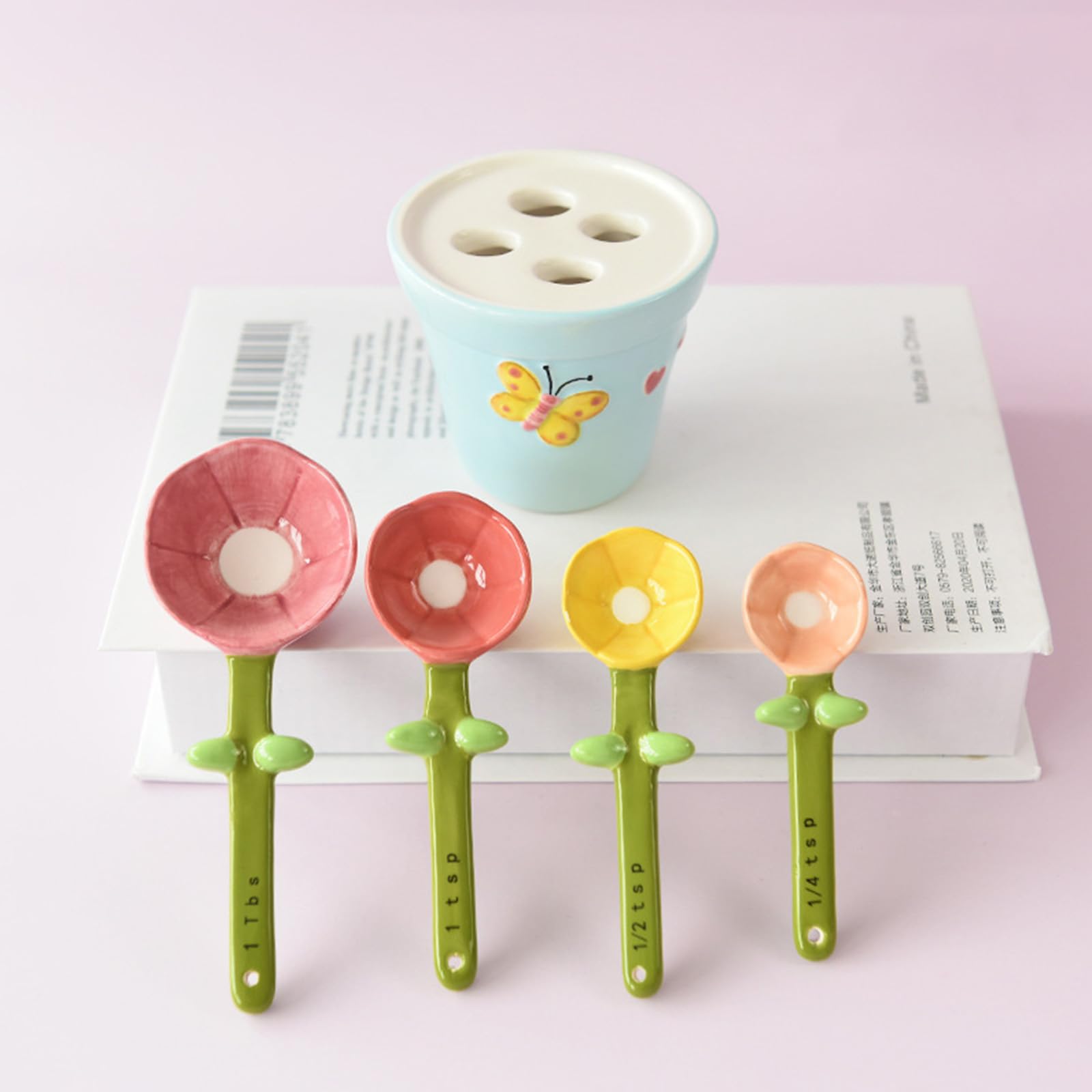 Cucchiaio dosatore in ceramica con manico ergonomico con vaso da fiori a forma di supporto per sali, zucchero misurato, utensili di misurazione sicuri in forno