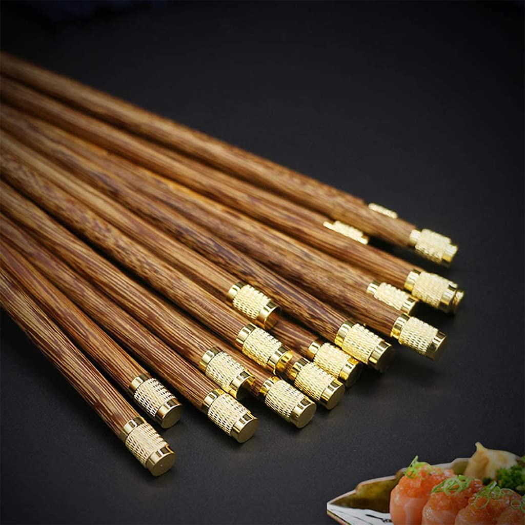 FAMMIX Juego de 10 pares de palillos de madera reutilizables de acero inoxidable 304 con estuche, palillos de alta calidad, aptos para lavavajillas, palitos chinos japoneses para sushi, fideos A