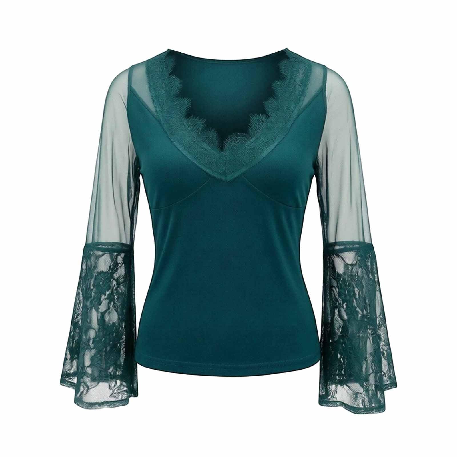 T-Shirts et Tops de Sport Femme été Casual Chic Elegant Basic Top Chemisier élégant en Dentelle Transparente et résille Manches Longues Style décontracté en soirée