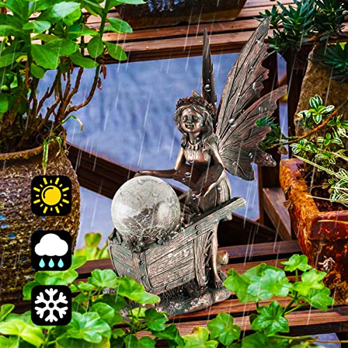 Mibung Large Fairy Angel Garden Sculpture Statue With Solar Lights, Resin Bronze Fairy Elf Girl Figurine With Crackle Glass Globe, Outdoor Patio Lawn Yard Decoration, Halloween Christmas Ornament Gift #TOP6