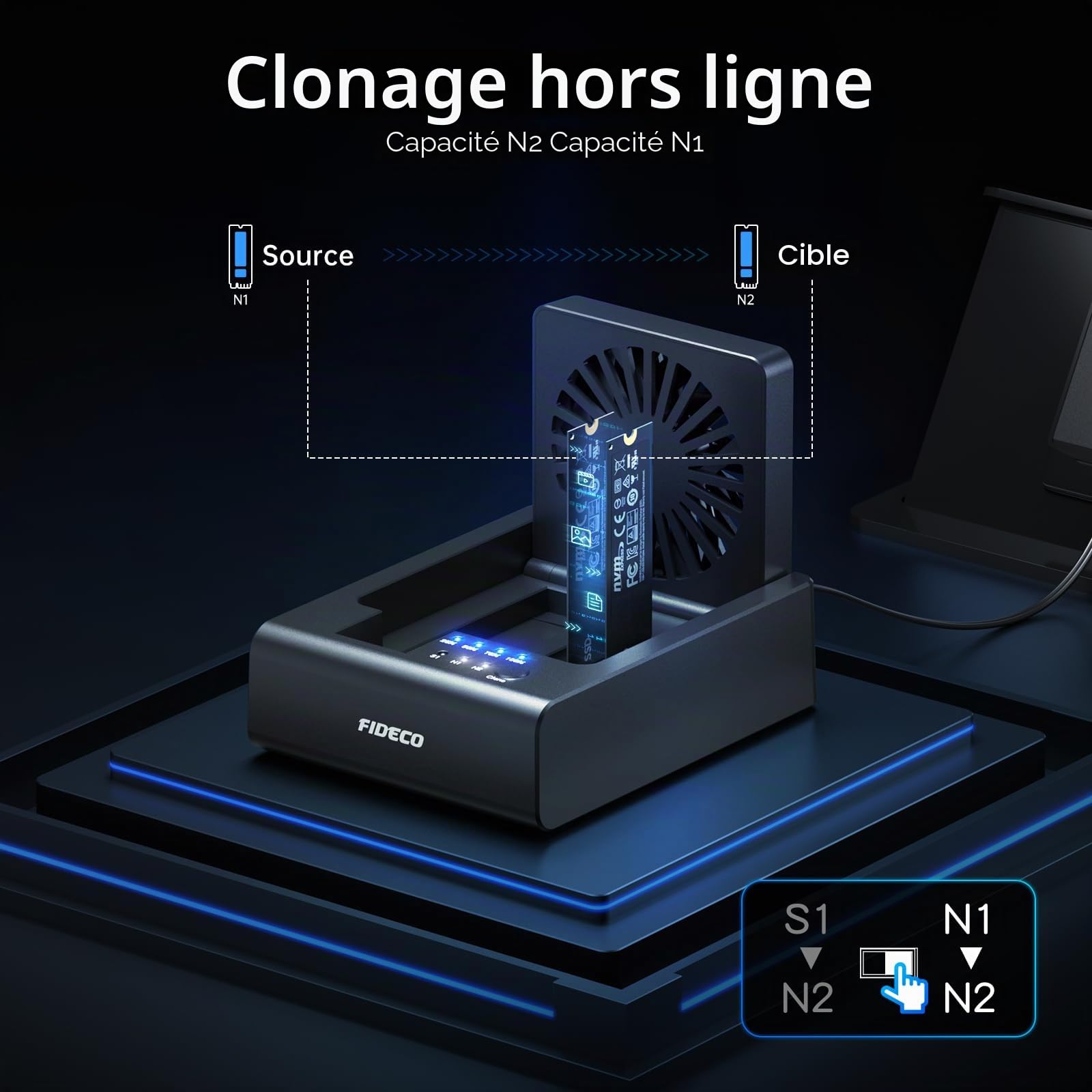 FIDECO Station d'accueil Cloneur pour HDD et SSD NVMe M.2, USB 3.2 Gen 2 (10Gbps), Station Cloneur à 3 Baies pour SSD NVMe M.2 et Disques Durs SATA 2,5"/3,5", avec Ventilateur Rabattable