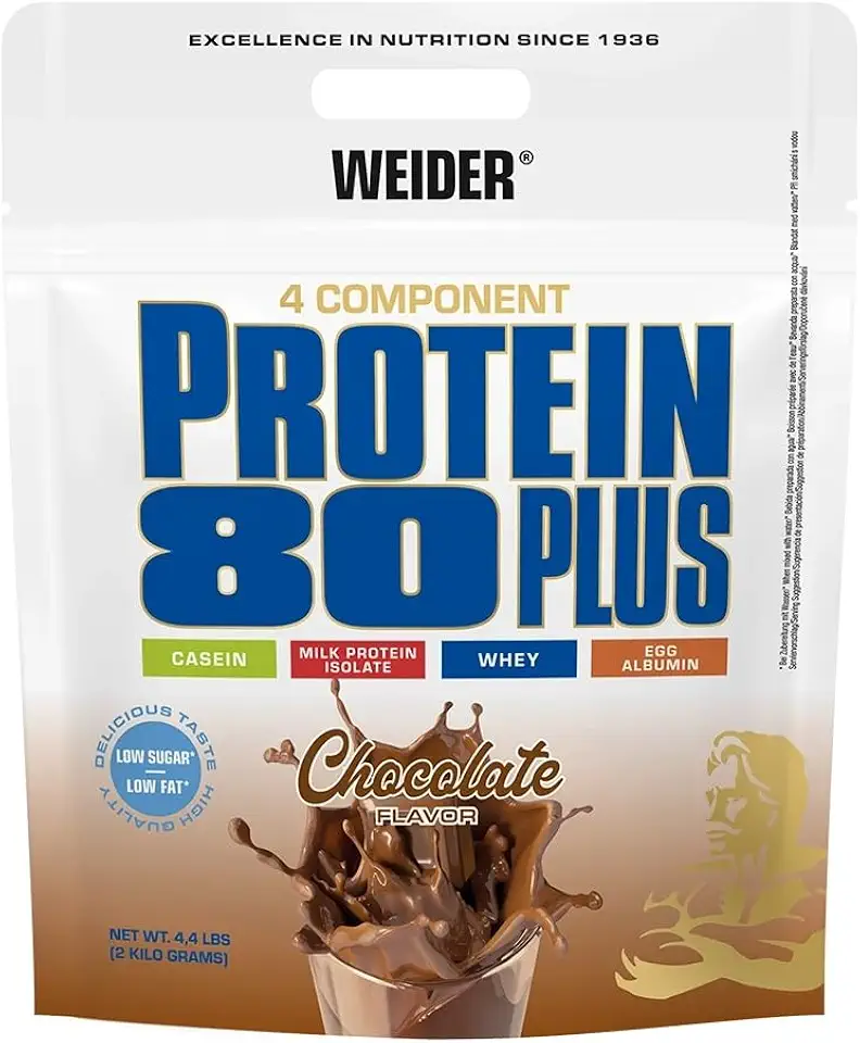 Weider - Protein 80 Plus - 4-Komponenten Protein Pulver - Hoher Proteingehalt mit 80% Eiweiß - Cremige Shakes mit Calcium & Vitamin B6 - 2kg - Schoko