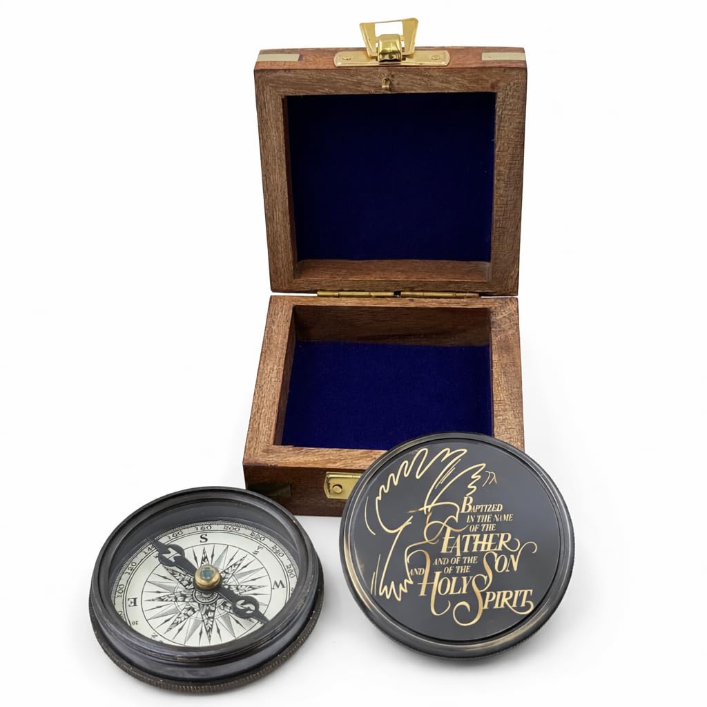 Personalised Vintage Compass Gift with Wooden Box & Leather Case – Custom Engraved Message – Christmas & New Year Keepsake Present for Him Her Dad Husband Friend