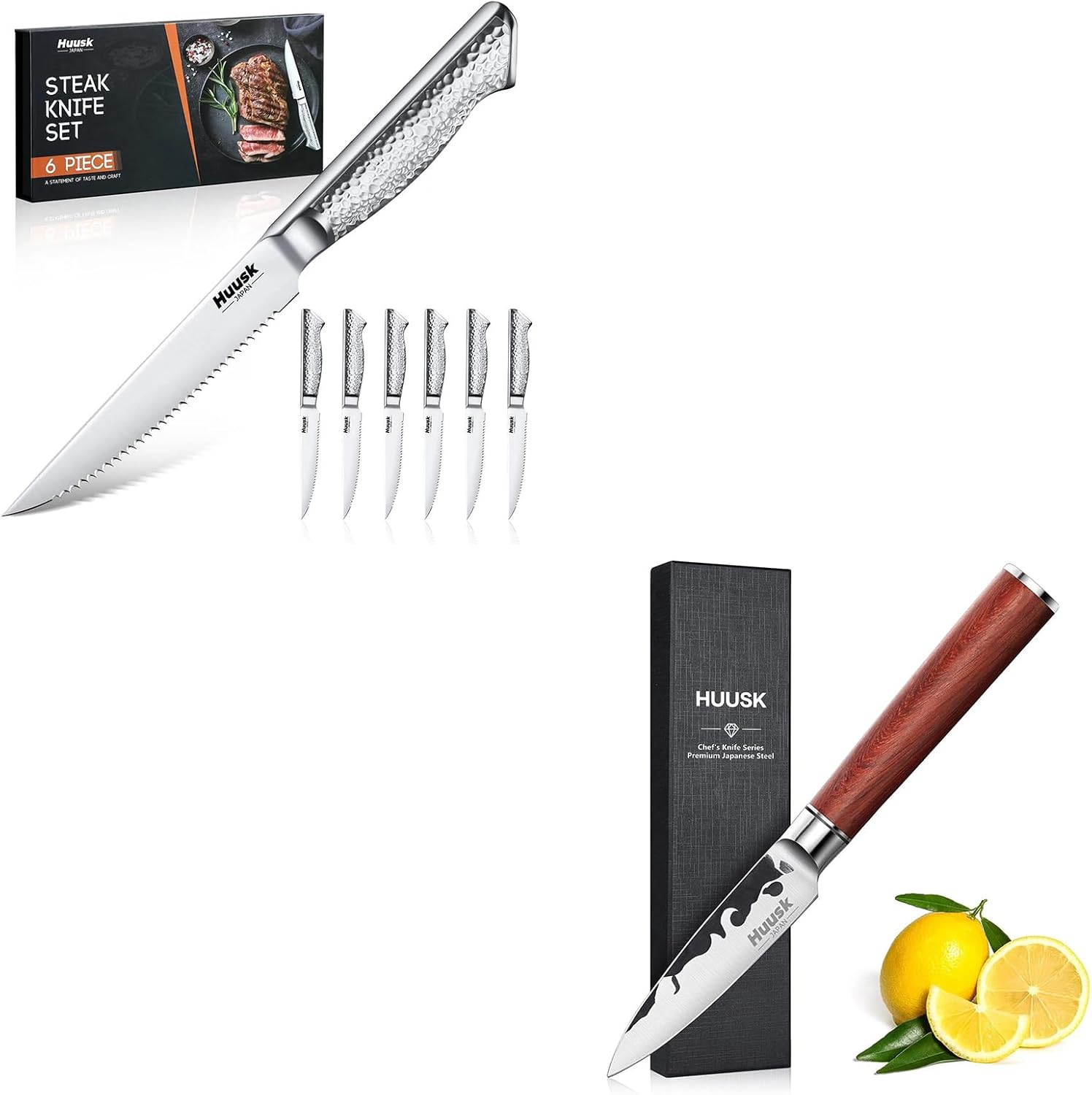 Huusk Japanese Steak Knives Set of 6 and Japanese Paring Knife 3.5 Inch