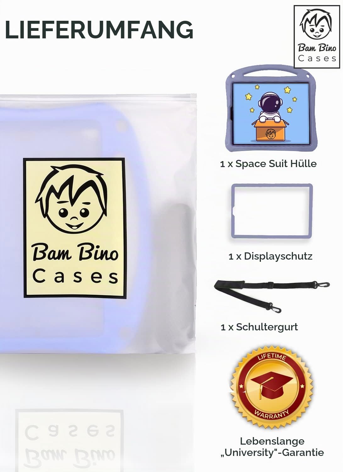 Bam Bino Space Suit Kinder-Schutzhülle für iPad Pro 32,8 cm (12,9 Zoll), 3., 4., 5., 6. Generation (2018–2022), nicht für iPad Pro 12,9 1. / 2. Generation, Displayschutz, Griff, Schultergurt