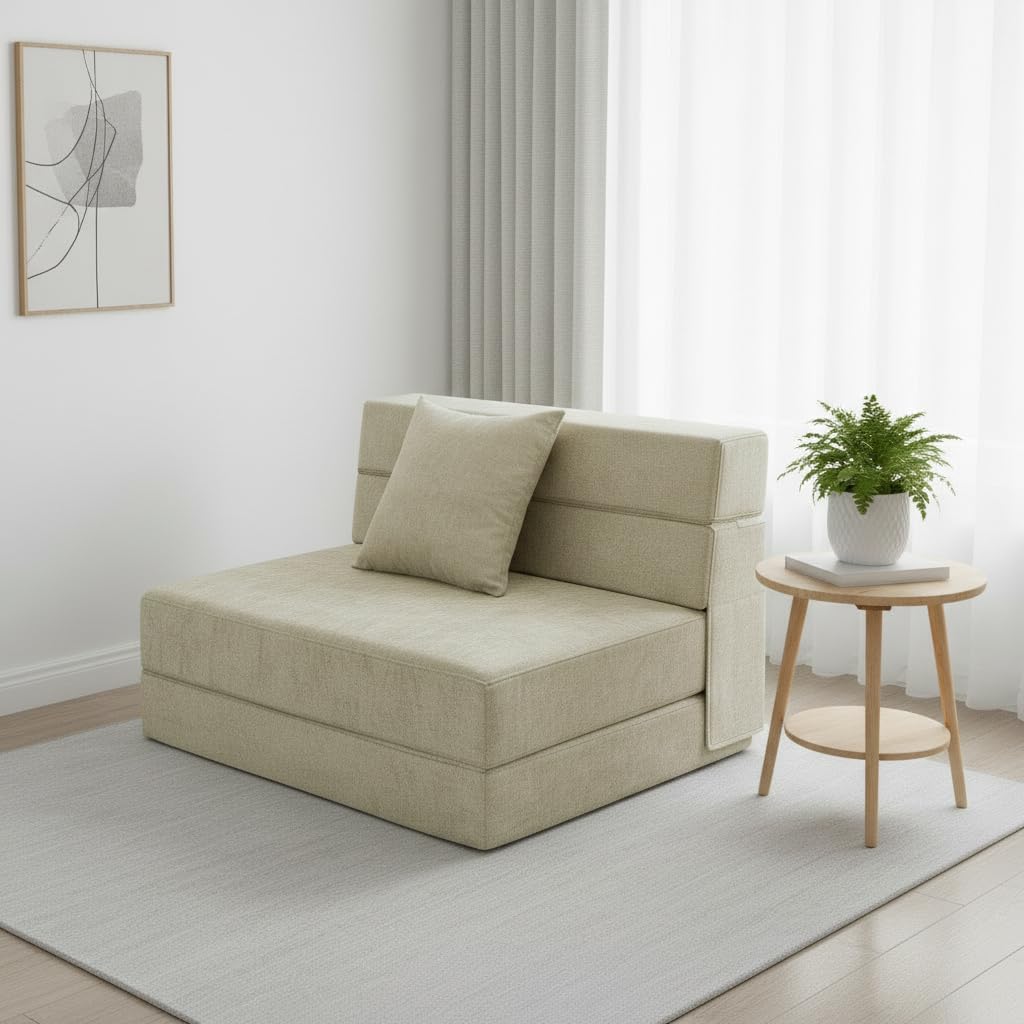 ANONER 100 x 190 cm Schlafsessel klappbar, Gästesofa Klappbar 100 x 190 cm, Schlafsofa Klappsessel mit Memory Schaum & Kissen, Faltbares Tragbarer Stuhl für Wohnzimmer Lofts, Waschbar Set, Beige