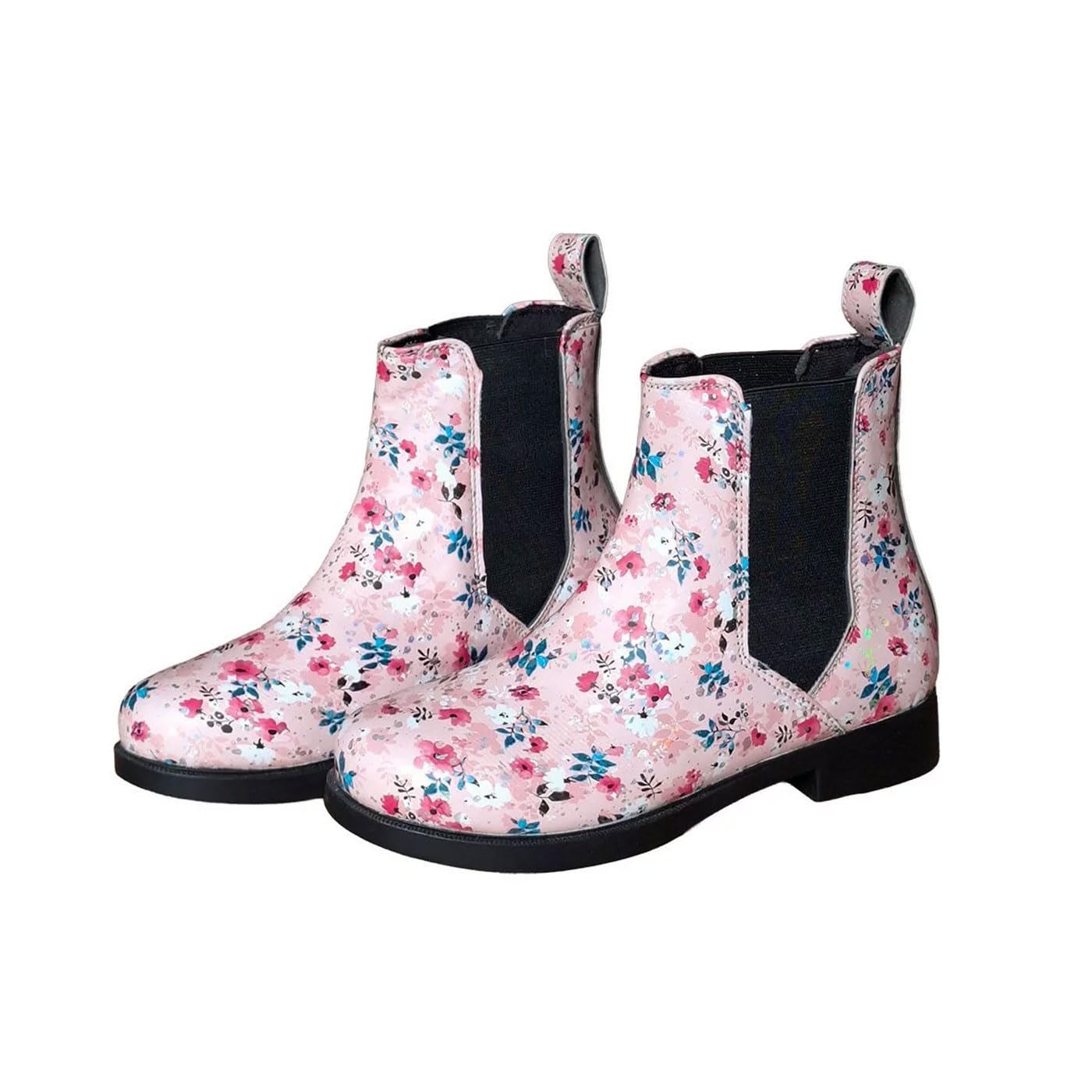 Brama West Kinder Shettysattel Set „My Happy Pony“ mit passenden Kinder-Reitstiefeln | Holzpferdsattel inkl. Satteldecke, Gurt & Steigbügel | Rosa Blumenmuster (SattelFlower/Decke Schwarz, 32)