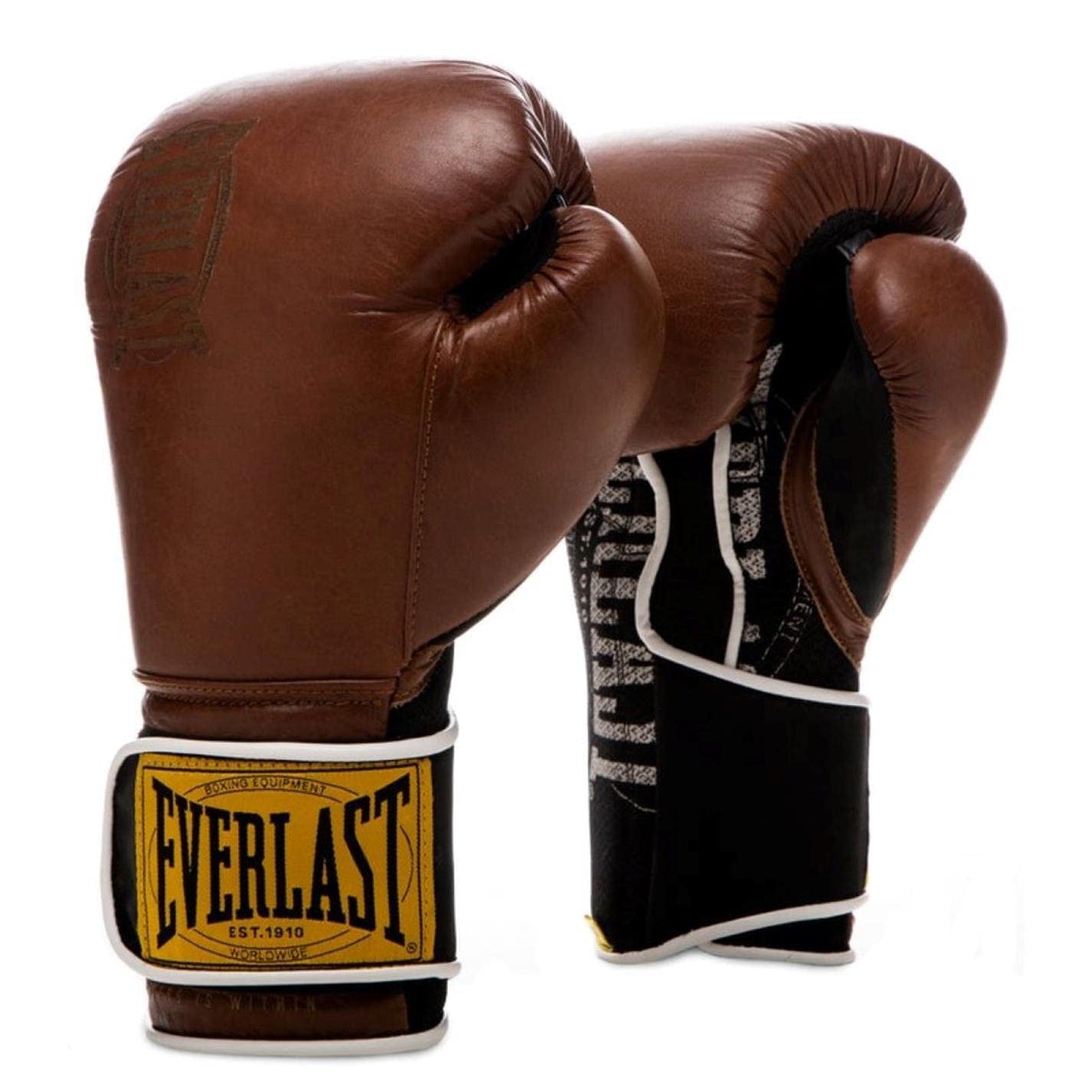 Everlast 1910 Pro Leather Boxing Gloves | Vintage Training Gloves for Men and Women | Hook and Loop with Triple-Layer Foam | Heavy Bag & Fitness Training (Brown, 16oz)