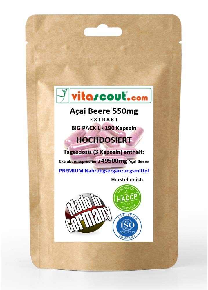 ACAI Beeren Extrakt 49500 II 190 Kapseln á 550mg (30:1) je Kapsel - Tageseinnahme (3 Kapseln) entspricht 49.500mg Acai Beeren Pulver - OHNE MAGNESIUMSTEARAT