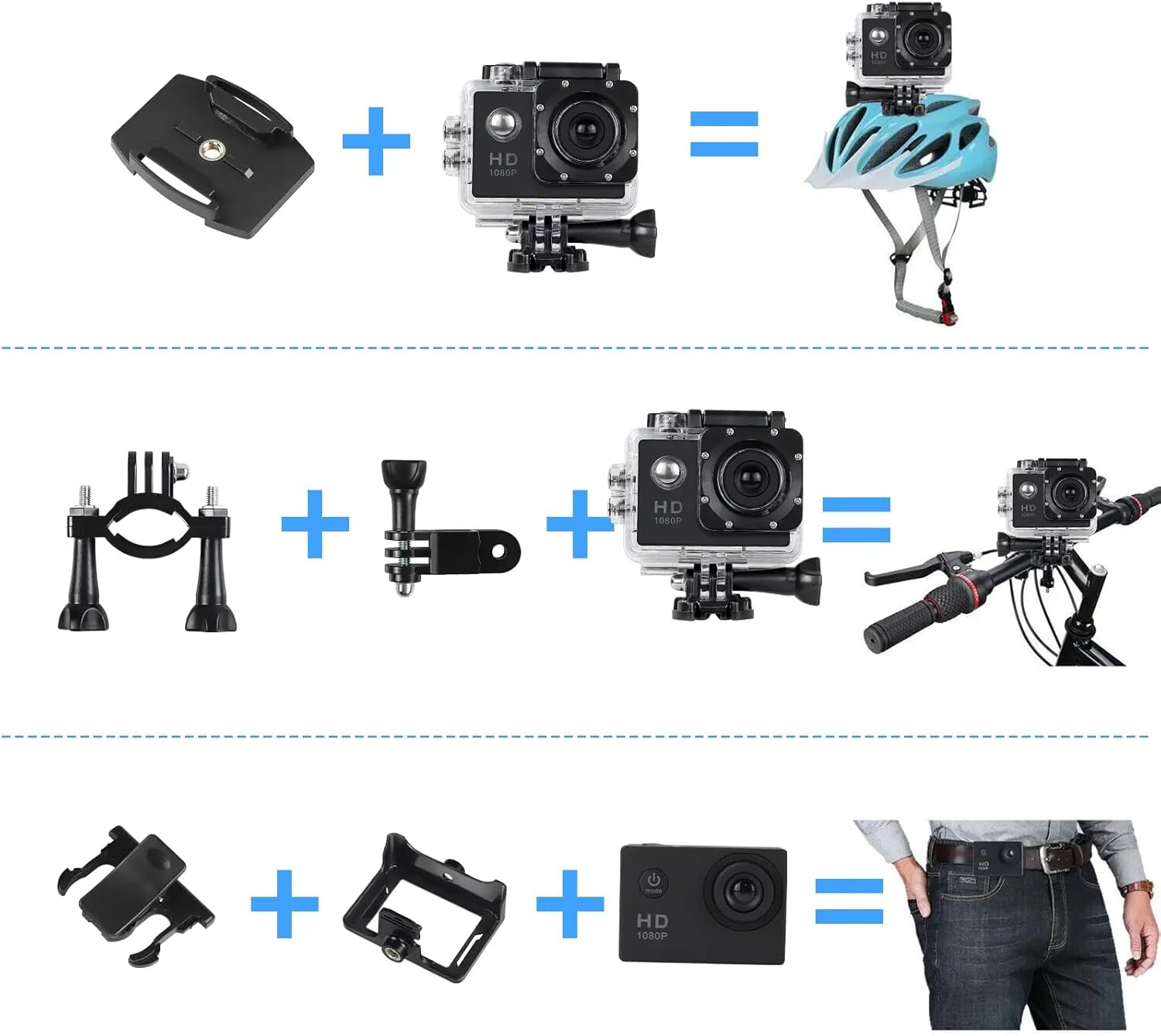 Diagram showing how to attach the camera to a helmet, bicycle handlebars, and a belt using the included mounts.